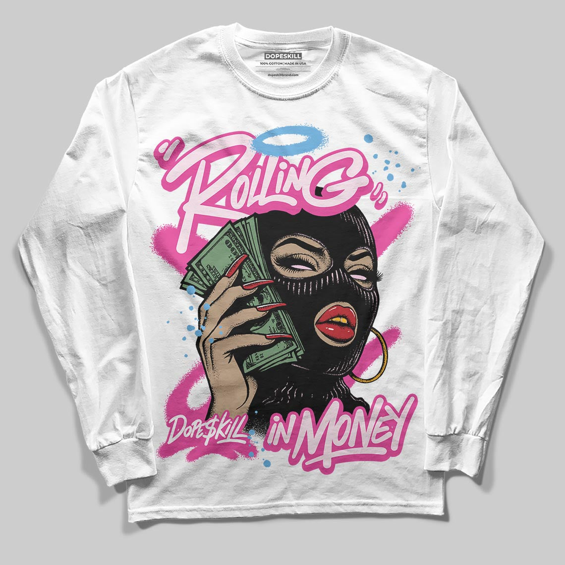 Pink Collection superstreetwear Long Sleeve T-Shirt Rolling in Money Graphic