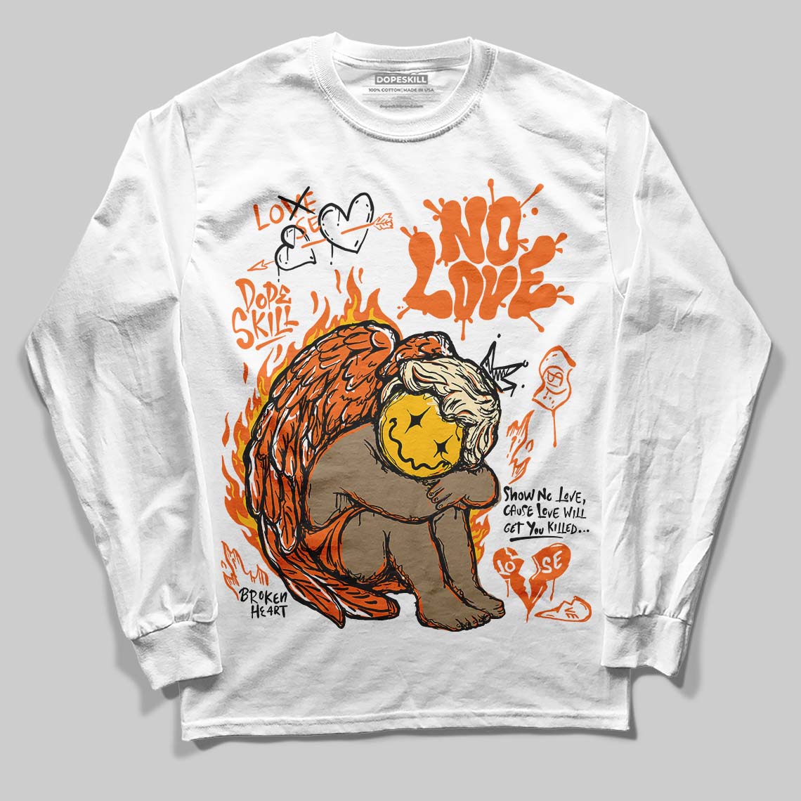Orange Black White superstreetwear Long Sleeve T-Shirt No Love Graphic