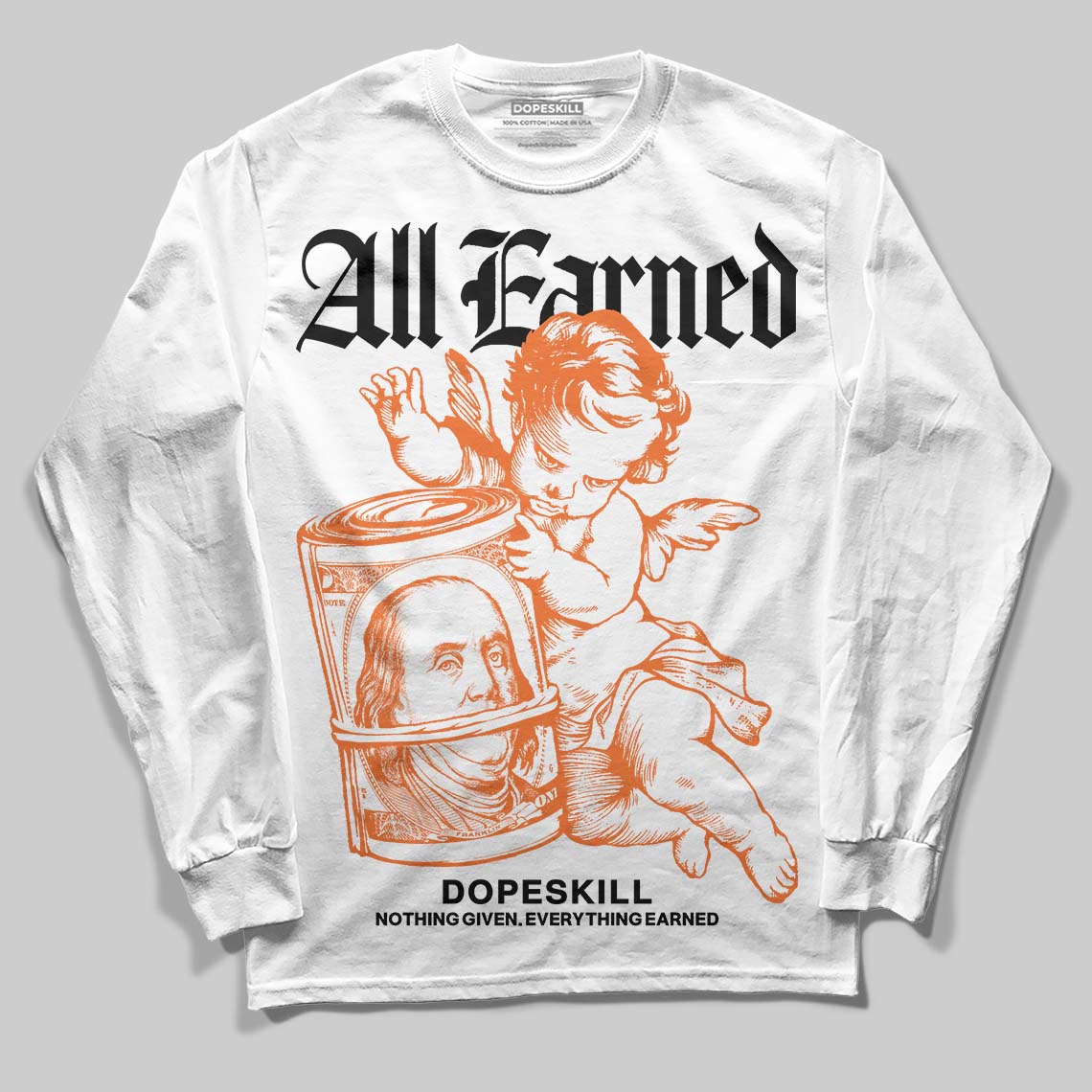 Orange Black White superstreetwear Long Sleeve T-Shirt All Earned Graphic