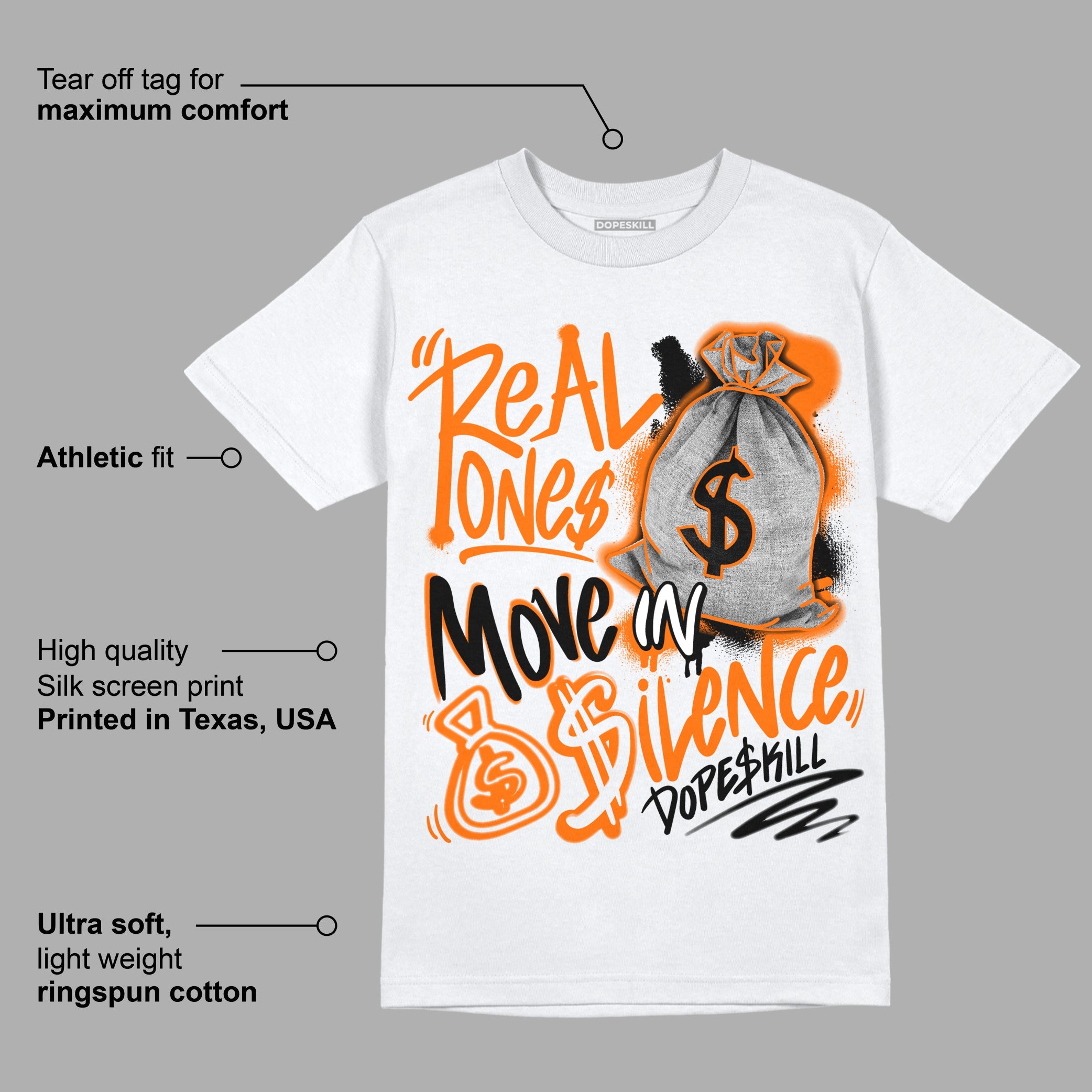 Orange Black White superstreetwear T-Shirt Real Ones Move In Silence Graphic