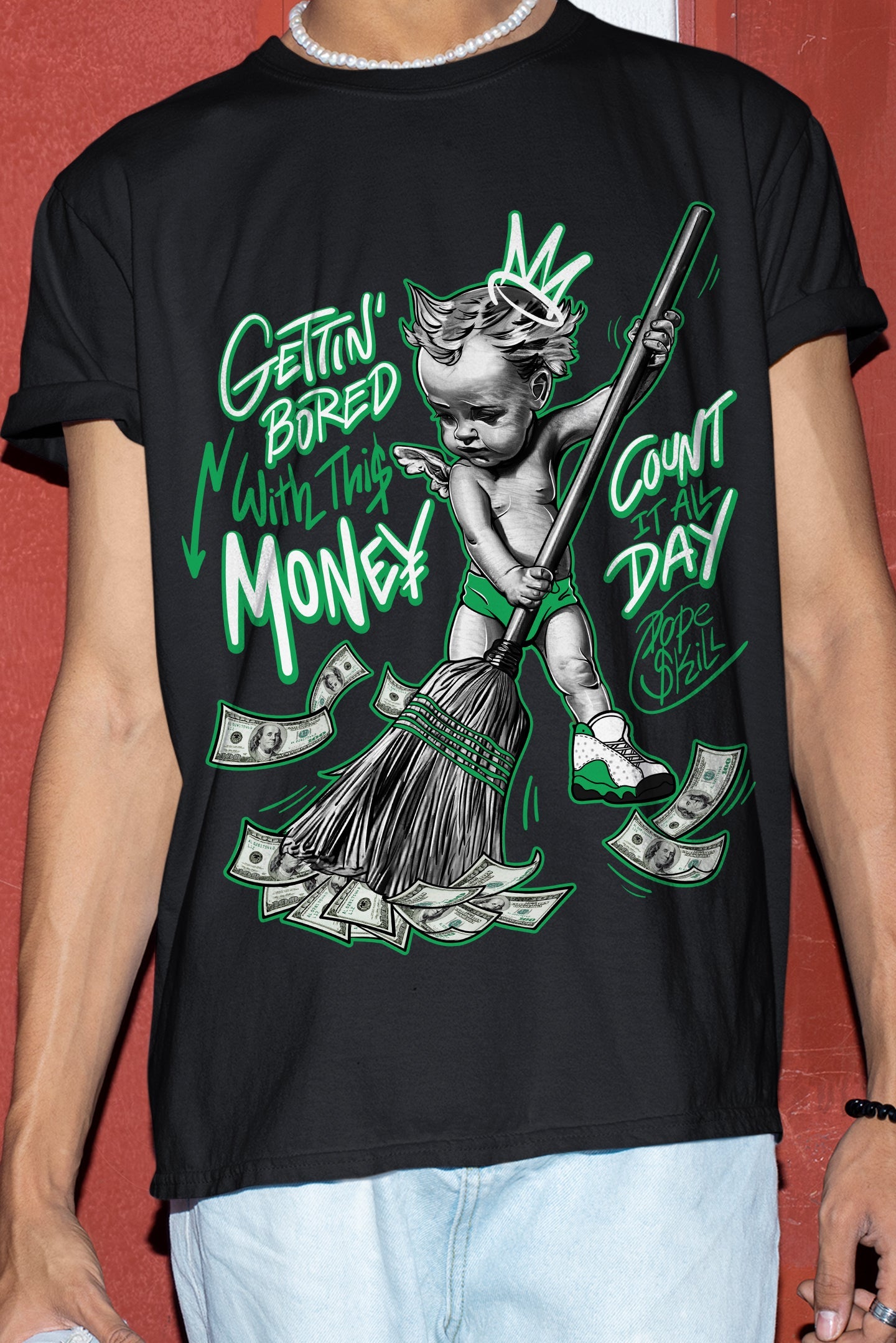 AJ 13 Lucky Green superstreetwear T-Shirt Gettin Bored With This Money Graphic