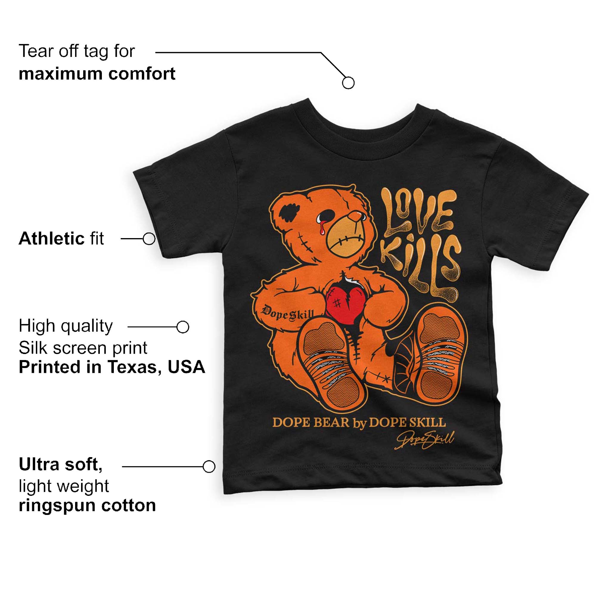 Brilliant Orange 12s superstreetwear Toddler Kids T-shirt Love Kills Graphic