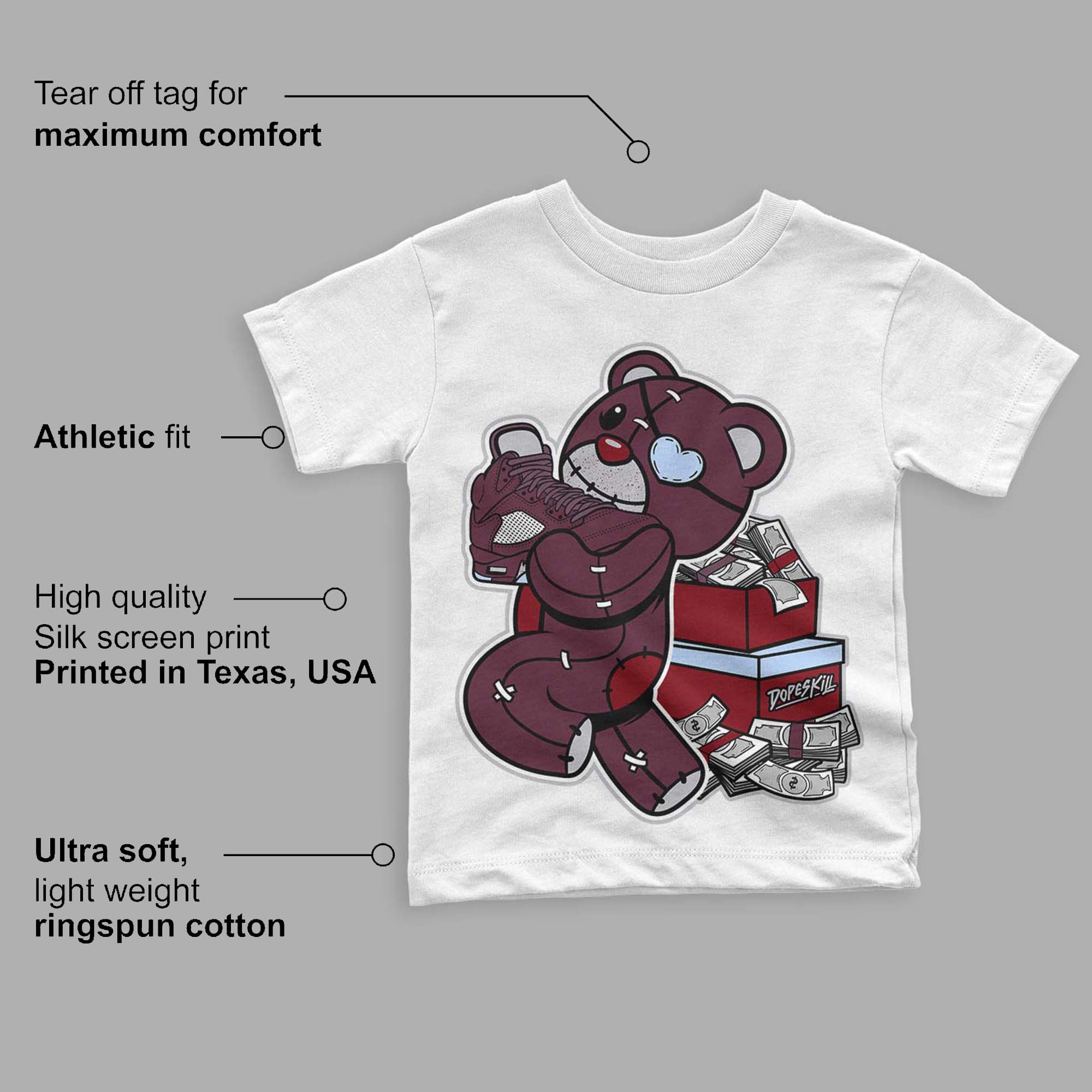 Burgundy 5s superstreetwear Toddler Kids T-shirt Bear Steals Sneaker Graphic