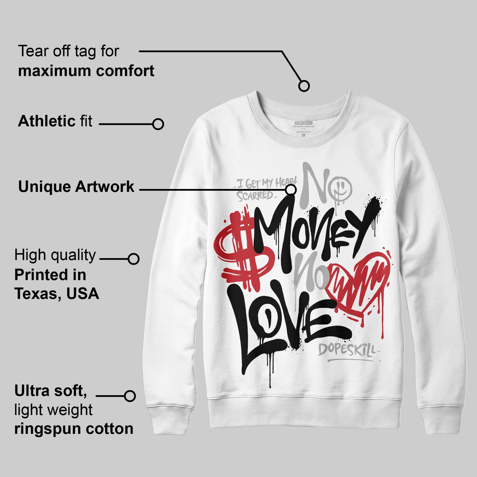 Bred 11s superstreetwear Sweatshirt No Money No Love Typo Graphic
