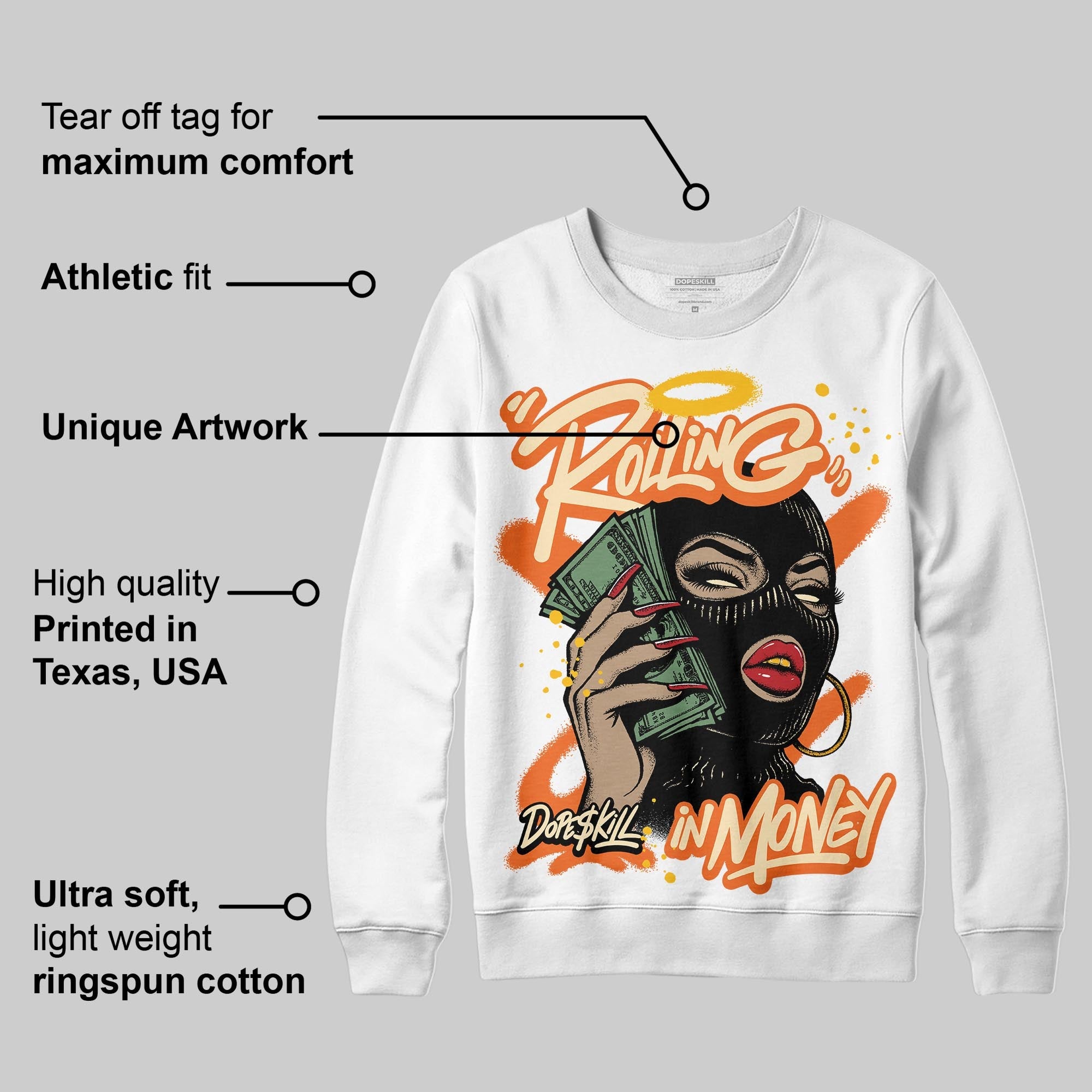Orange Black White superstreetwear Sweatshirt Rolling in Money Graphic