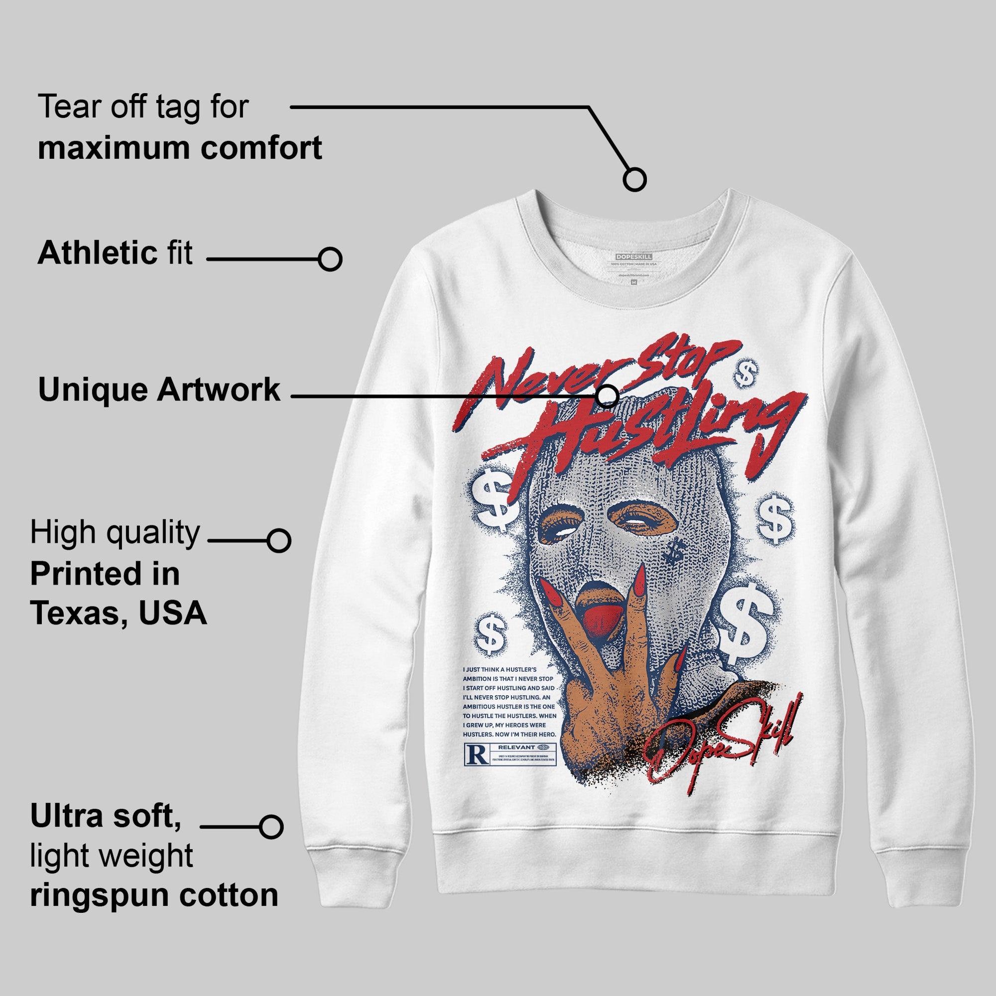 Summit White Navy 4s superstreetwear Sweatshirt Never Stop Hustling Graphic