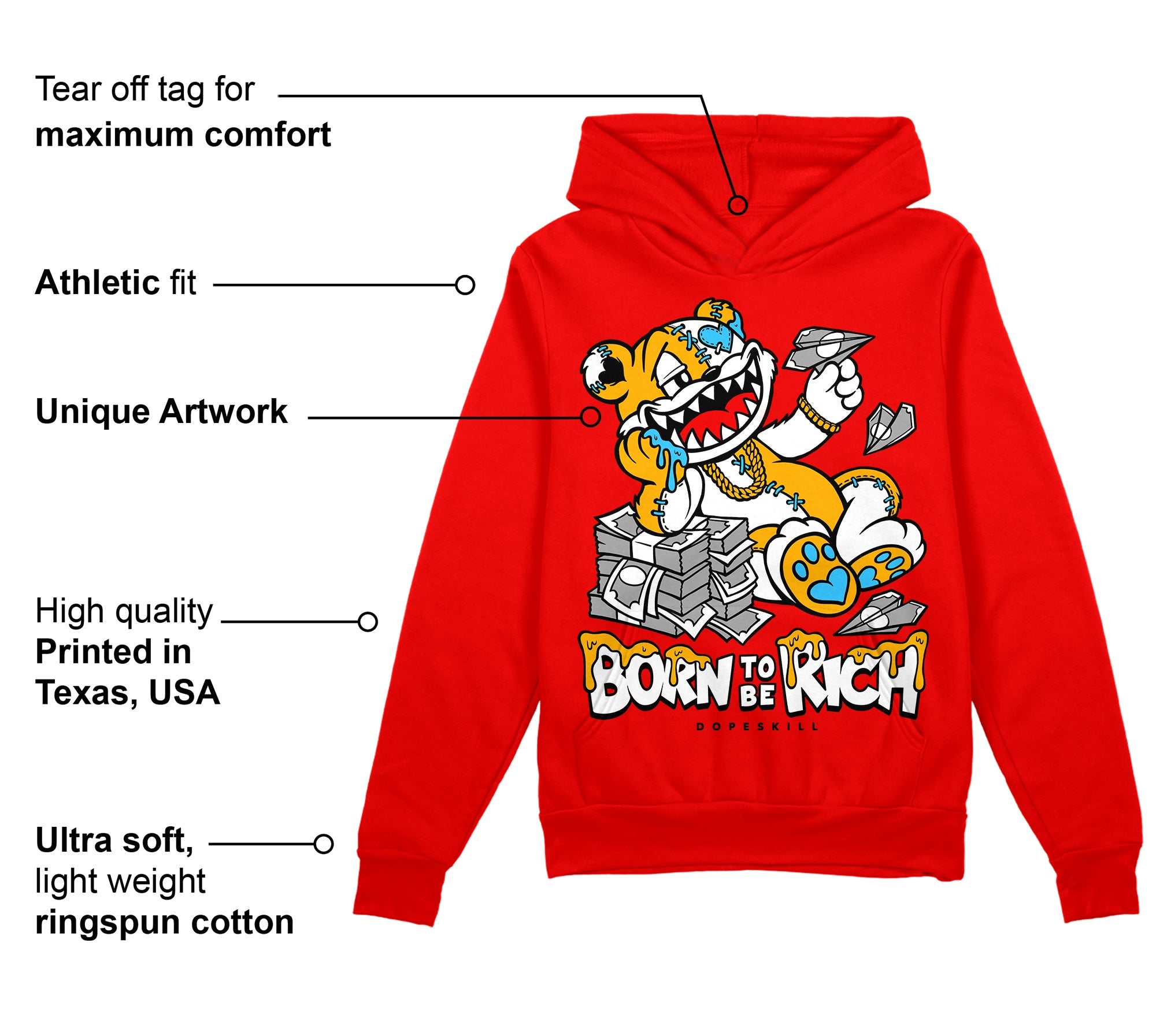 Red Collection superstreetwear Red Hoodie Sweatshirt Born To Be Rich Graphic