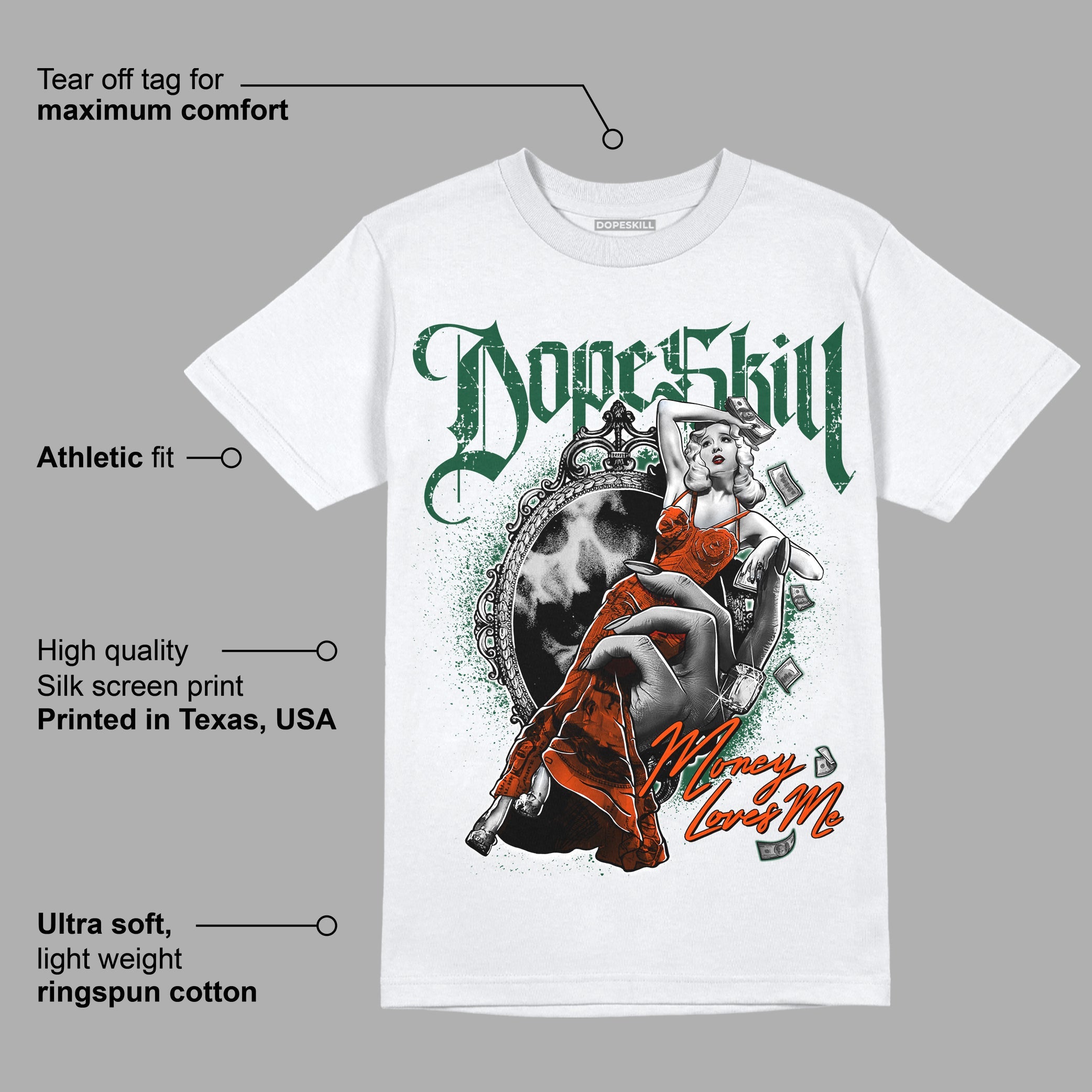 Dunk Low Team Dark Green Orange superstreetwear T-Shirt Money Loves Me Graphic