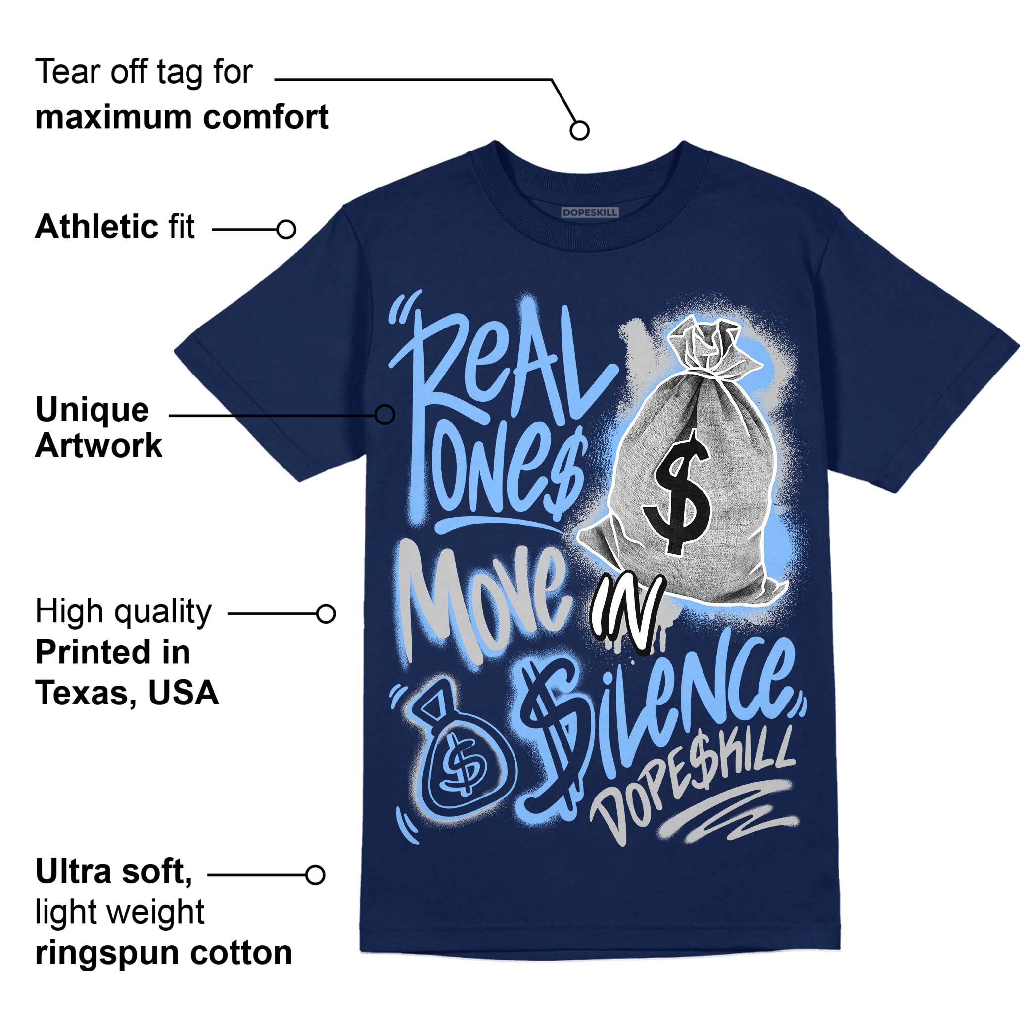 Midnight Navy 5s superstreetwear Navy T-Shirt Real Ones Move In Silence Graphic