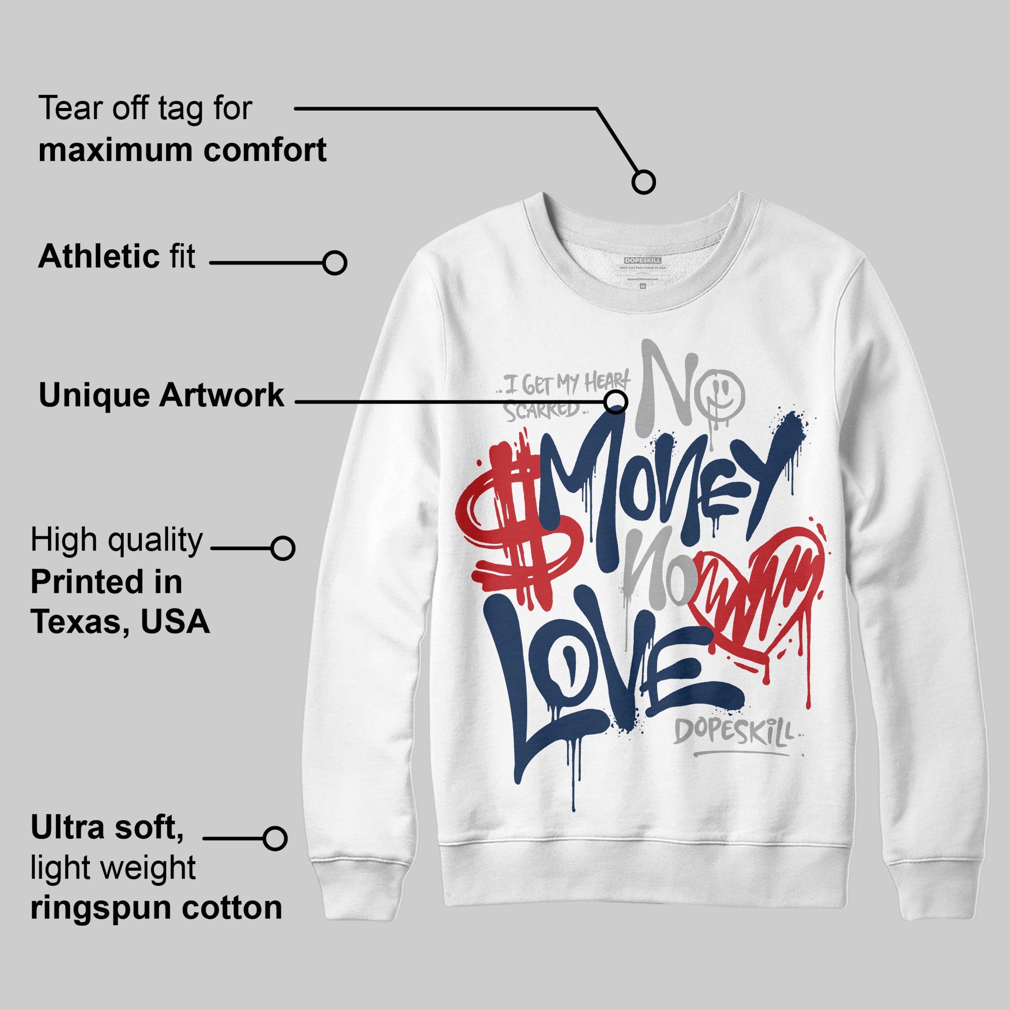 Summit White Navy 4s superstreetwear Sweatshirt No Money No Love Typo Graphic