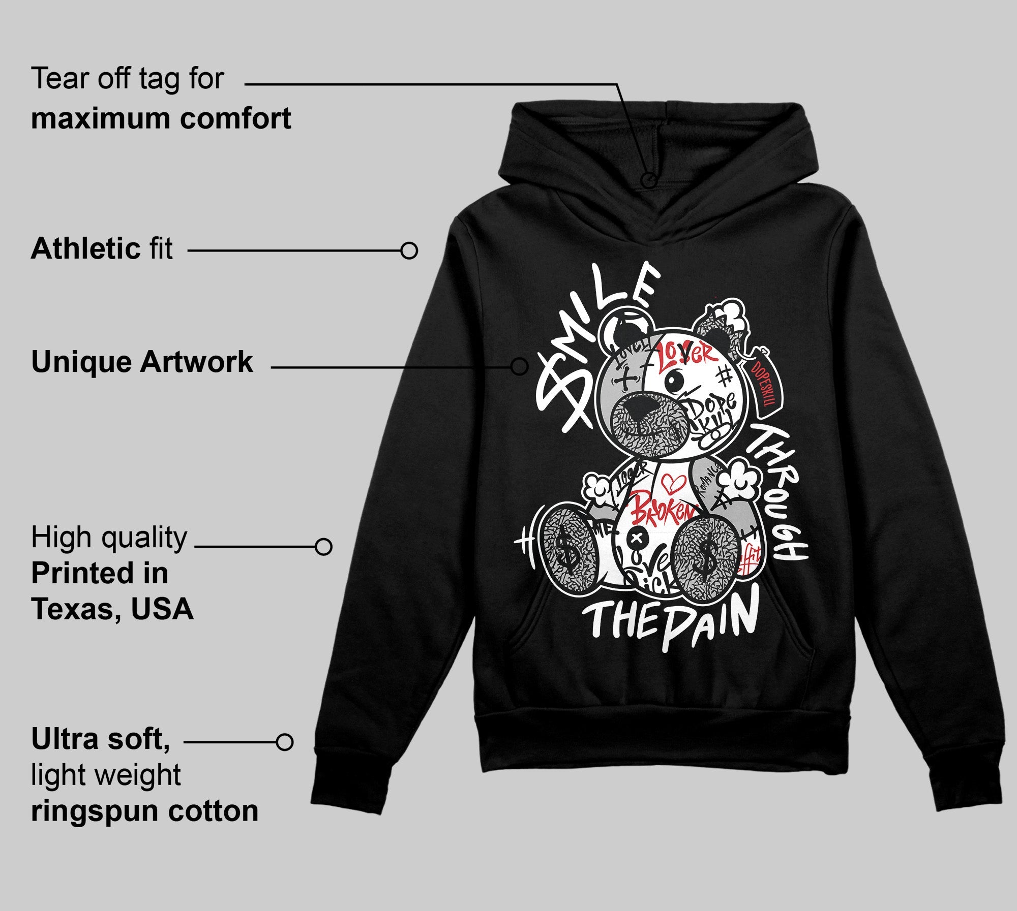 Black Cement 3s superstreetwear Hoodie Sweatshirt Smile Through The Pain Graphic