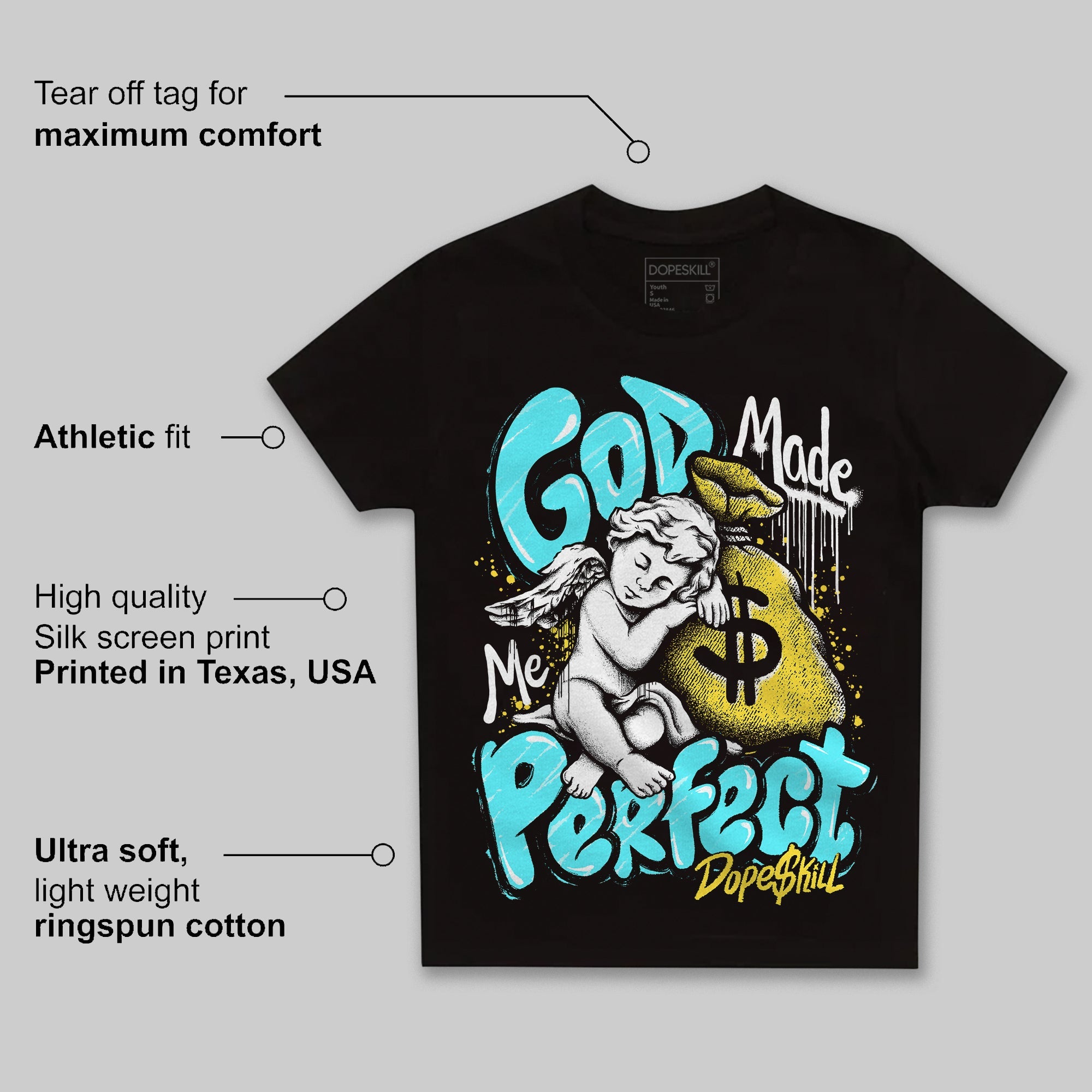 Aqua 5s superstreetwear Toddler Kids T-shirt God Made Me Perfect Graphic