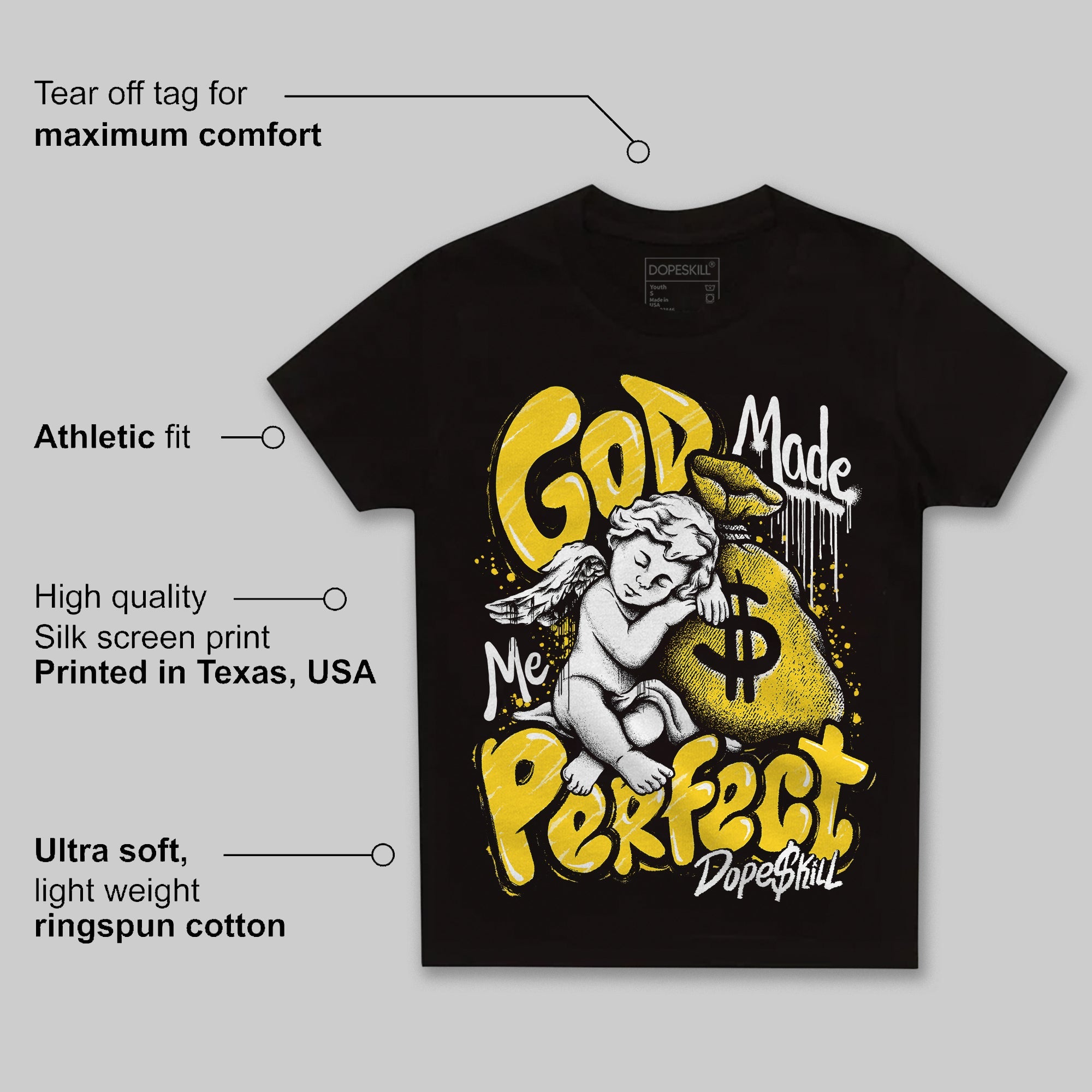 Black Tour Yellow AJ 4 Thunder superstreetwear Toddler Kids T-shirt God Made Me Perfect Graphic