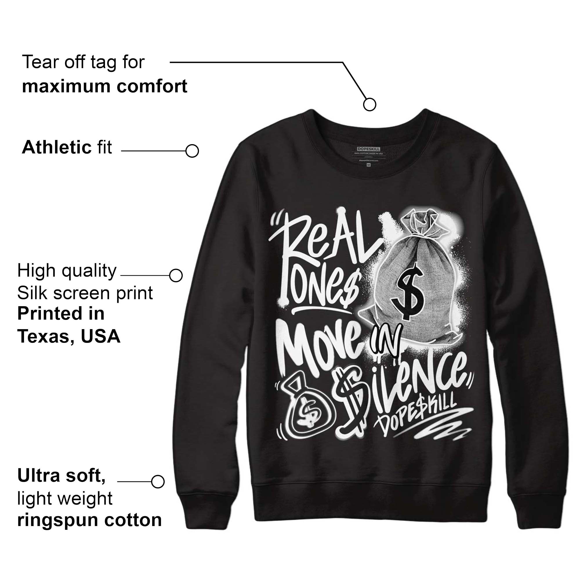 85 Black White 1s superstreetwear Sweatshirt Real Ones Move In Silence Graphic