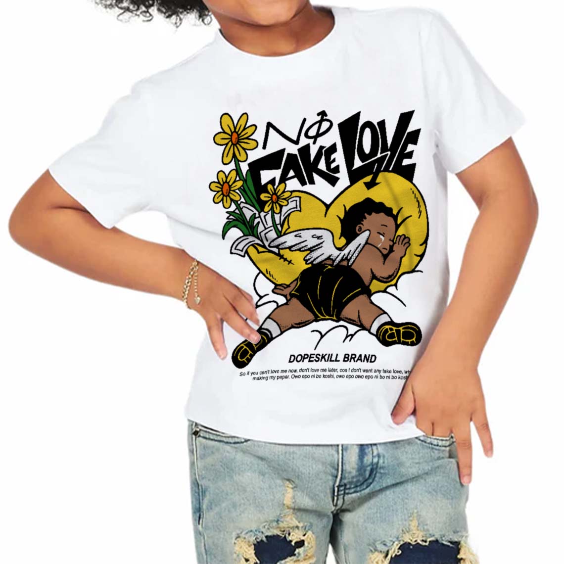 Black Tour Yellow AJ 4 Thunder superstreetwear Toddler Kids T-shirt No Fake Love Graphic