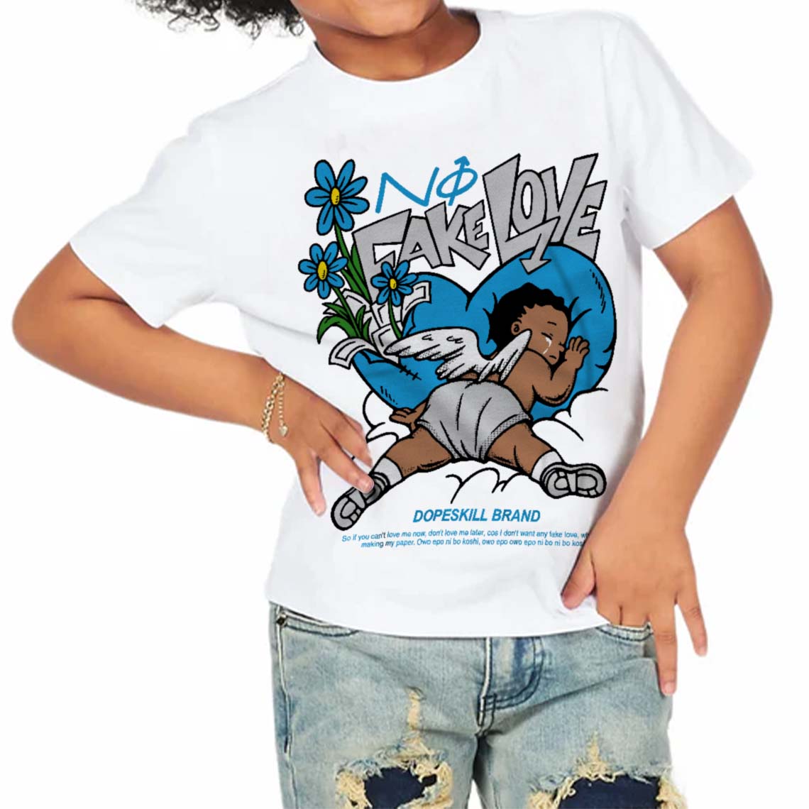 Military Blue 4s superstreetwear Toddler Kids T-shirt No Fake Love Graphic