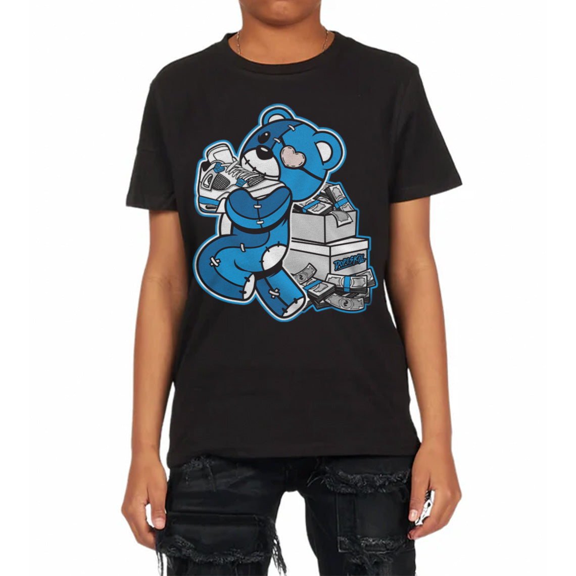 Military Blue 4s superstreetwear Toddler Kids T-shirt Bear Steals Sneaker Graphic