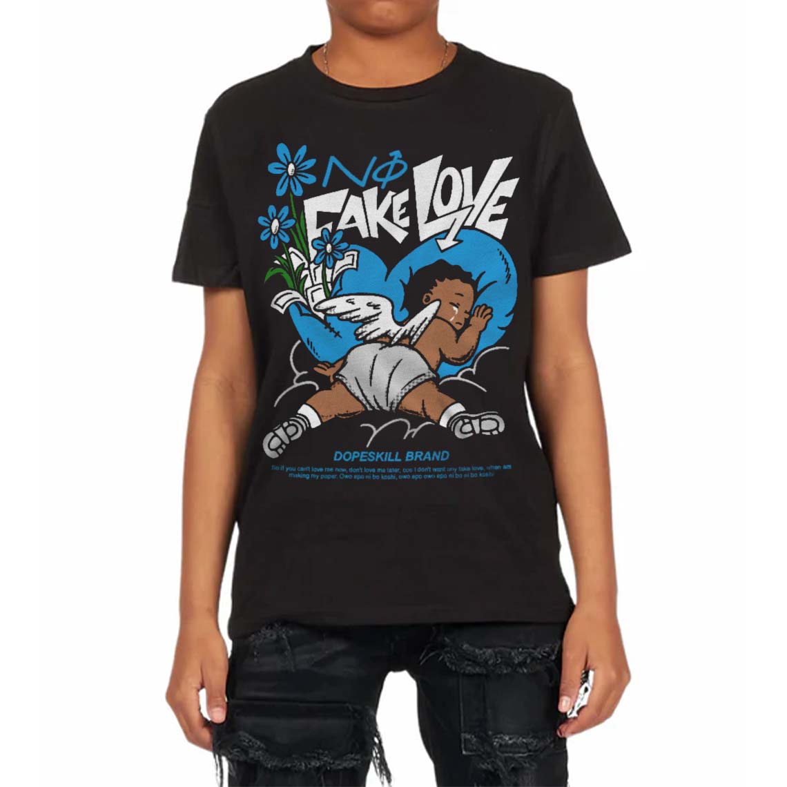 Military Blue 4s superstreetwear Toddler Kids T-shirt No Fake Love Graphic