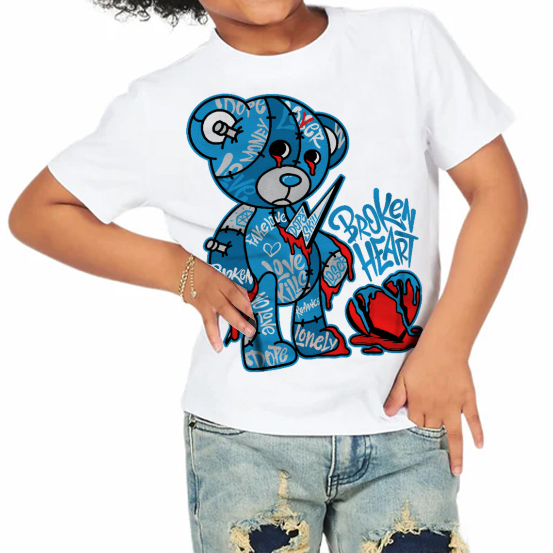 Military Blue 4s superstreetwear Toddler Kids T-shirt Broken Heart Graphic