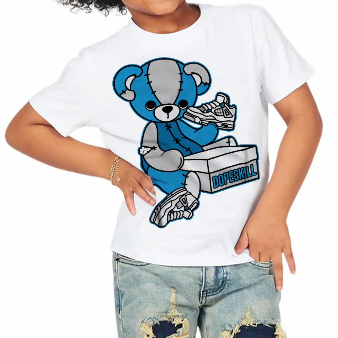 Military Blue 4s superstreetwear Toddler Kids T-shirt Sneakerhead BEAR Graphic