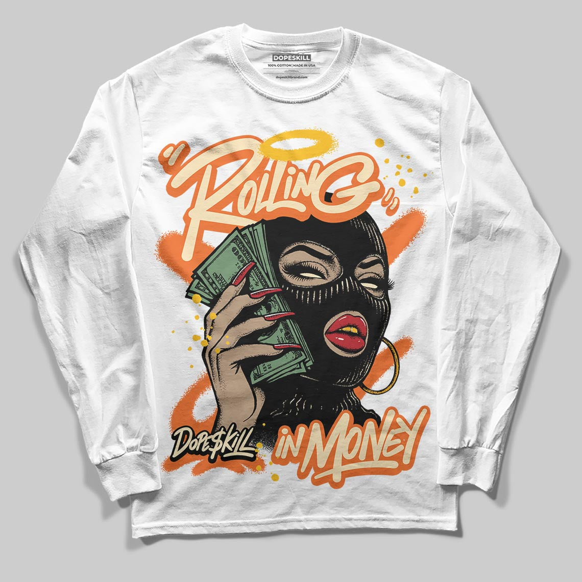 Orange Black White superstreetwear Long Sleeve T-Shirt Rolling in Money Graphic