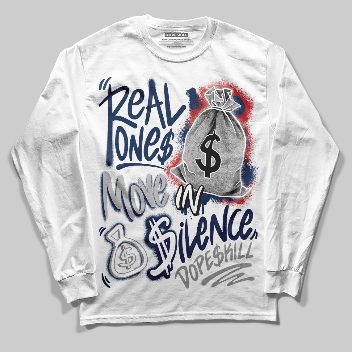 Summit White Navy 4s superstreetwear Long Sleeve T-Shirt Real Ones Move In Silence Graphic