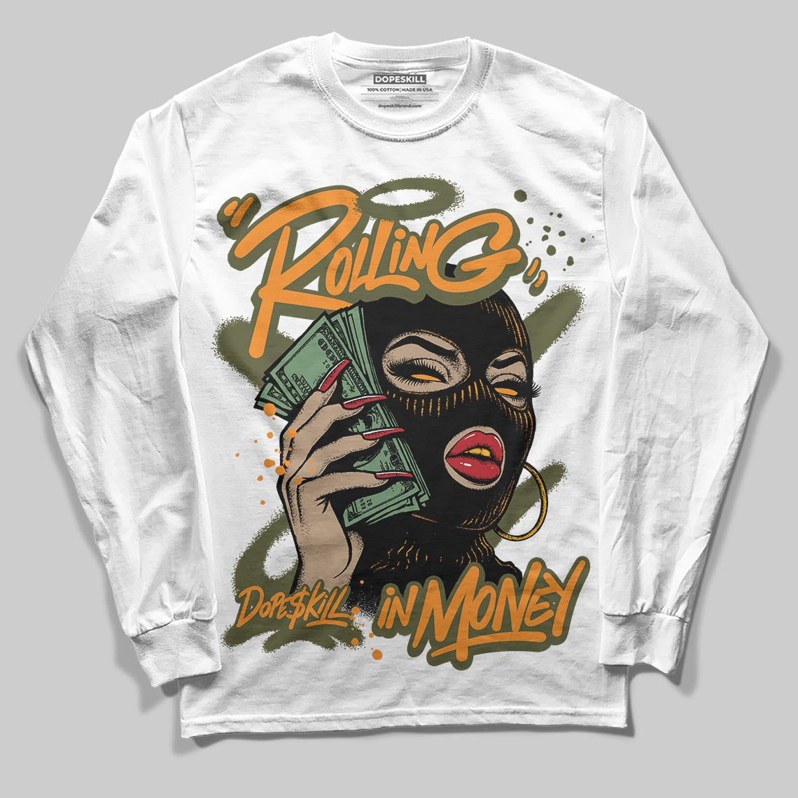 Olive Collection superstreetwear Long Sleeve T-Shirt Rolling in Money Graphic