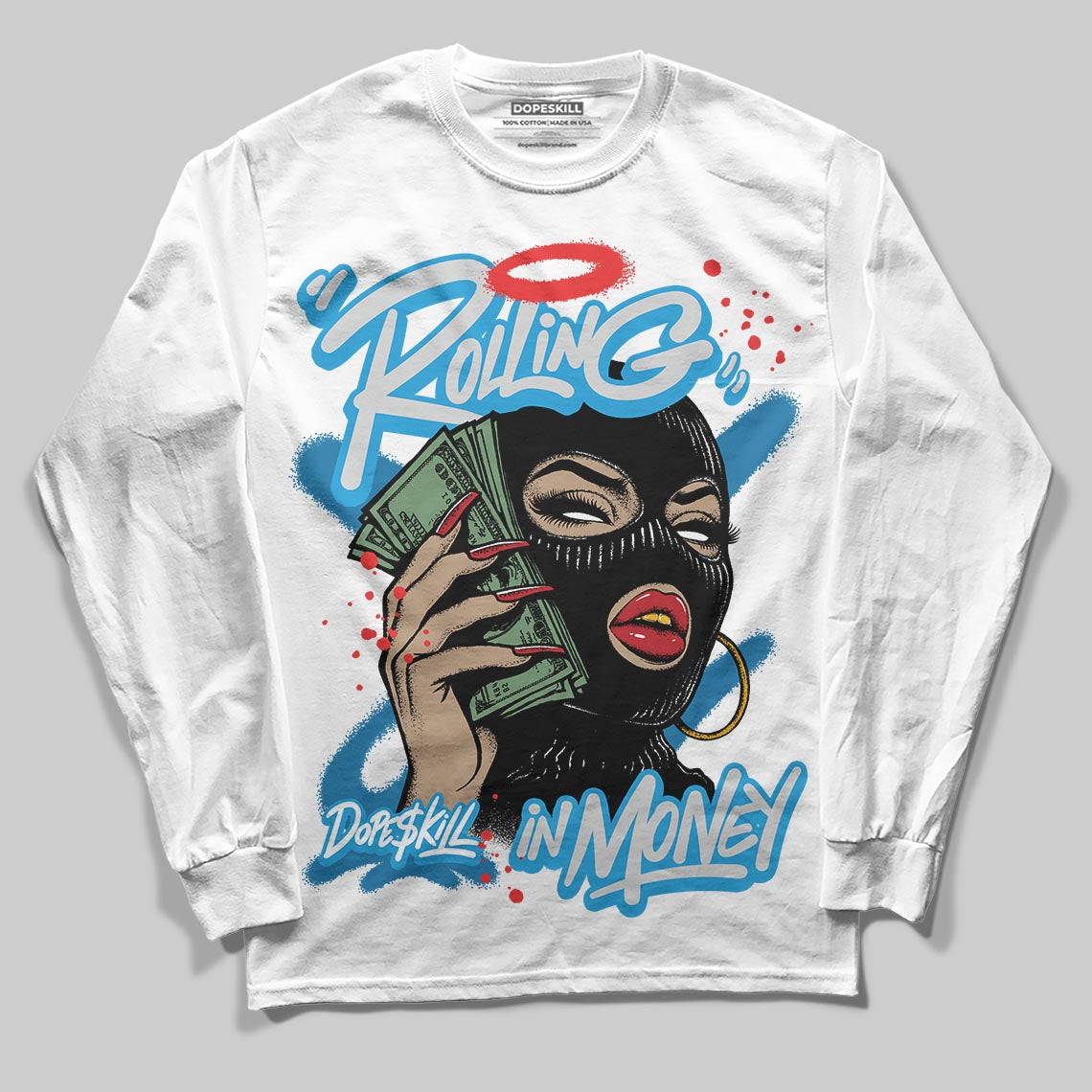 Military Blue 4s superstreetwear Long Sleeve T-Shirt Rolling in Money Graphic