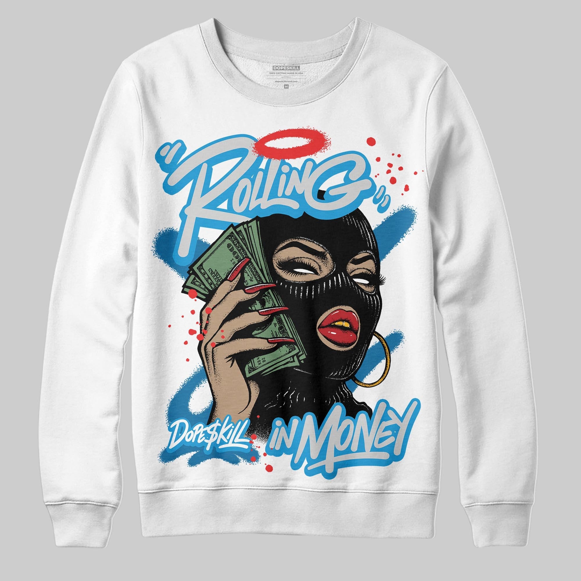 Military Blue 4s superstreetwear Sweatshirt Rolling in Money Graphic