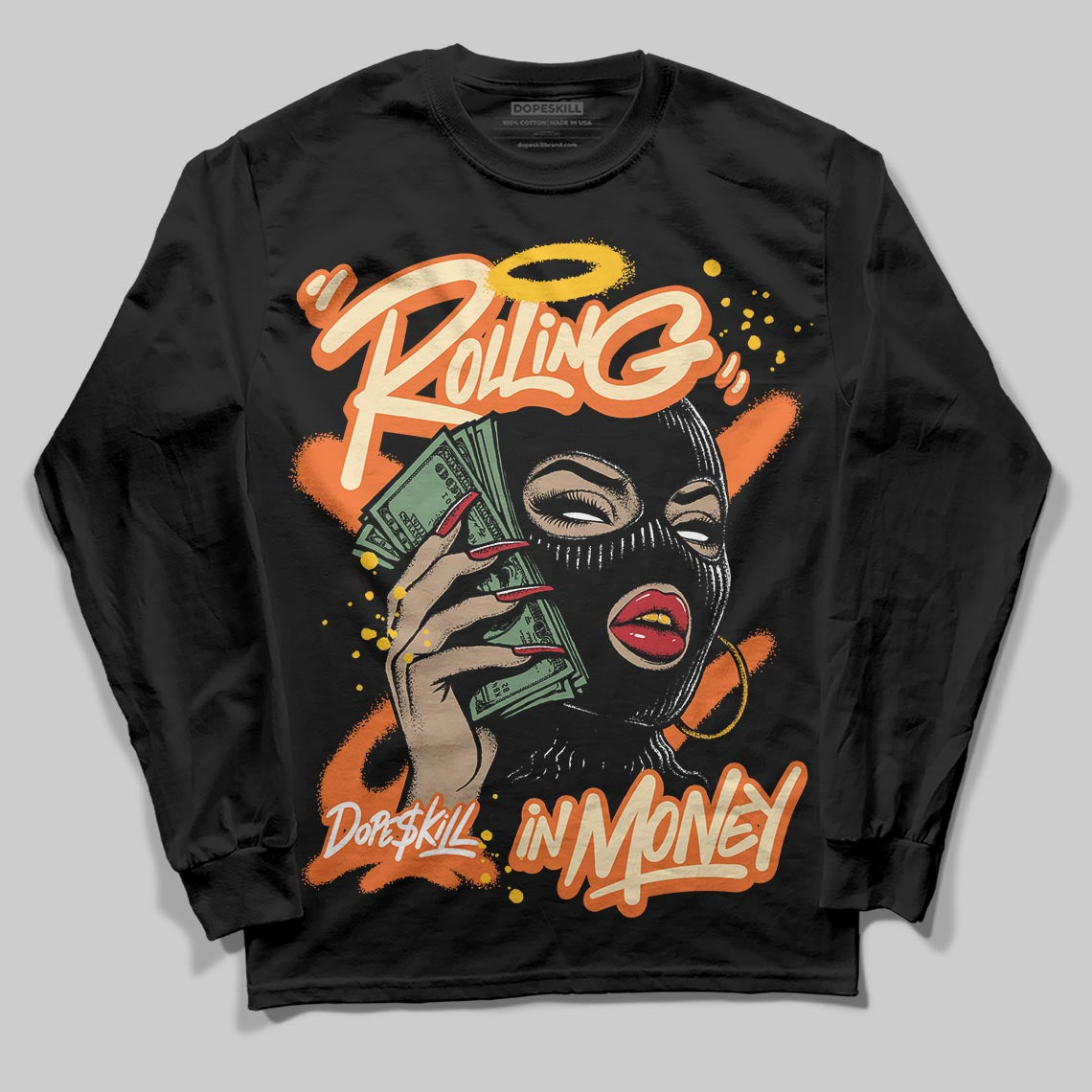 Orange Black White superstreetwear Long Sleeve T-Shirt Rolling in Money Graphic
