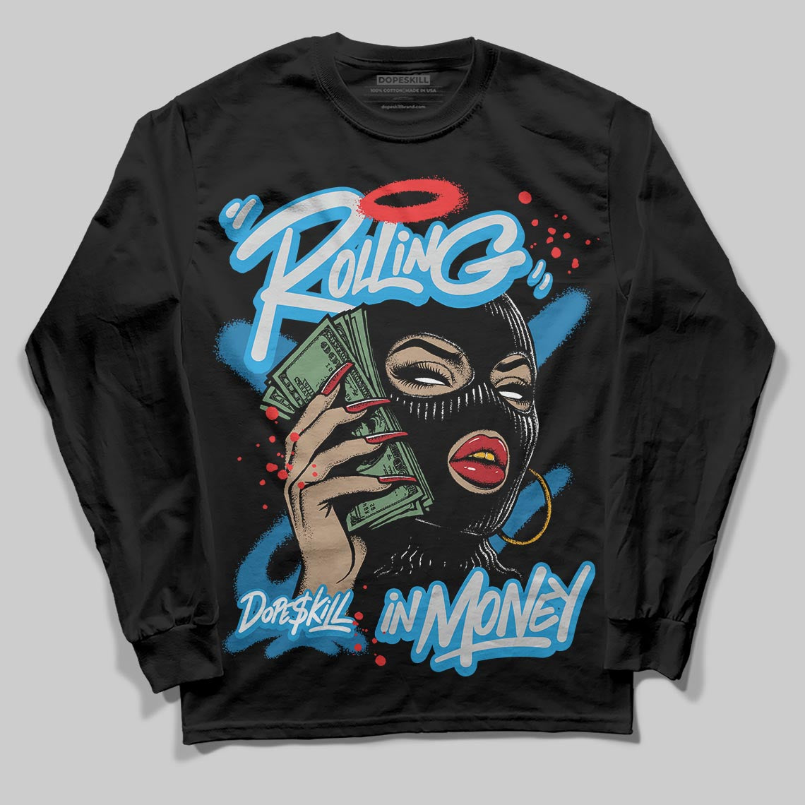 Military Blue 4s superstreetwear Long Sleeve T-Shirt Rolling in Money Graphic