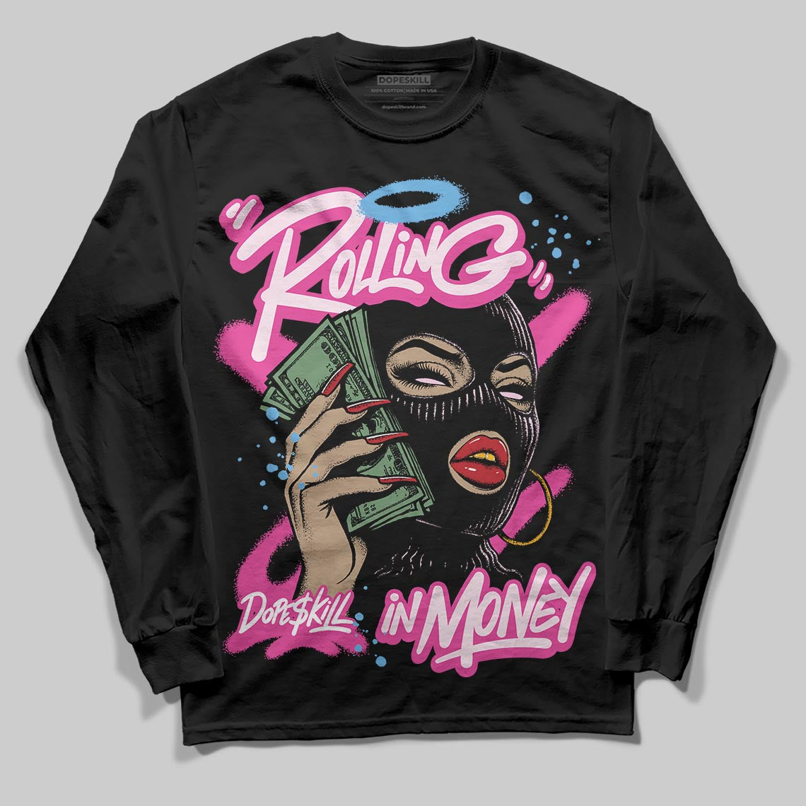 Pink Collection superstreetwear Long Sleeve T-Shirt Rolling in Money Graphic