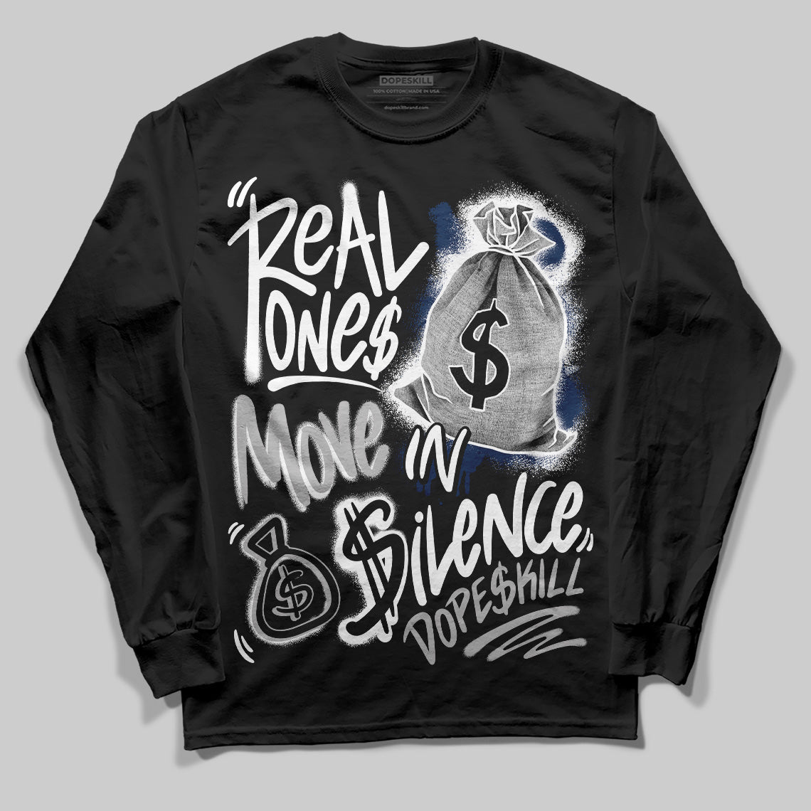 Summit White Navy 4s superstreetwear Long Sleeve T-Shirt Real Ones Move In Silence Graphic