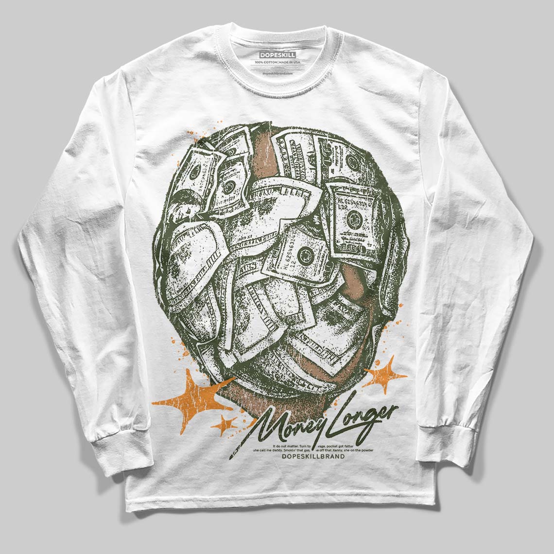 Olive Collection superstreetwear Long Sleeve T-Shirt Money Longer Graphic