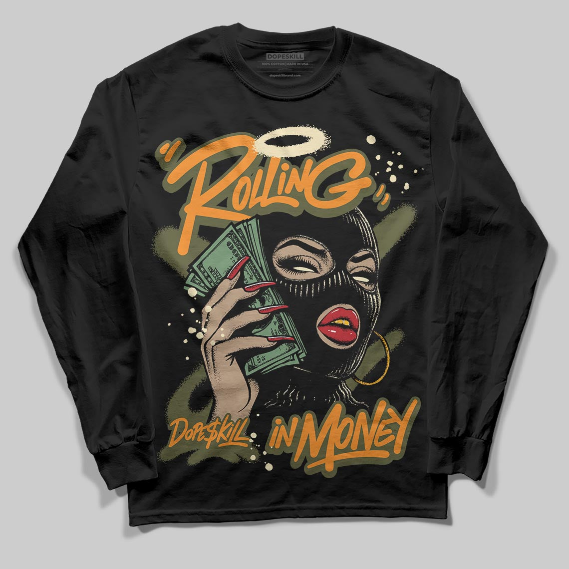 Olive Collection superstreetwear Long Sleeve T-Shirt Rolling in Money Graphic