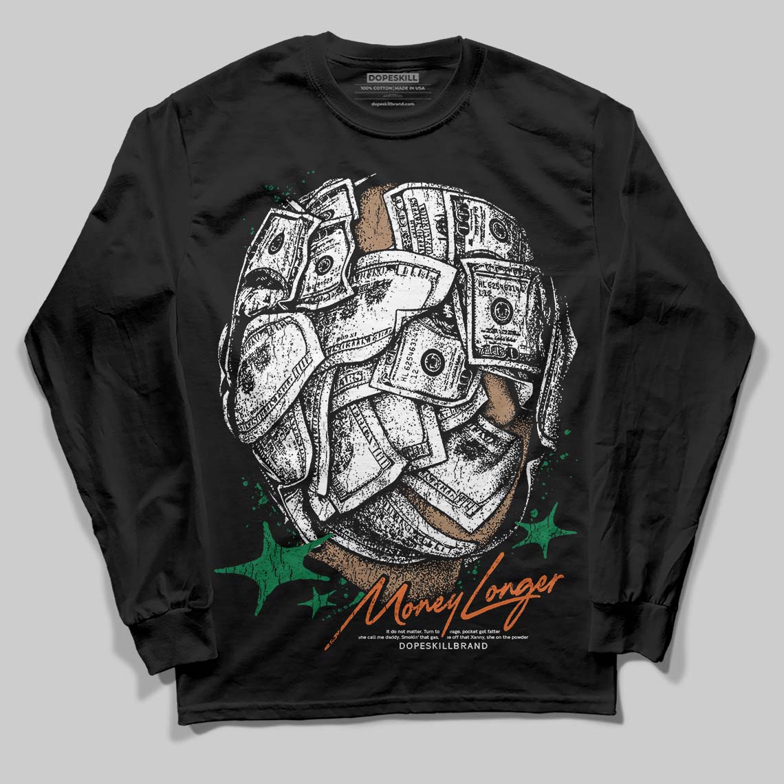 Green Collection superstreetwear Long Sleeve T-Shirt Money Longer Graphic