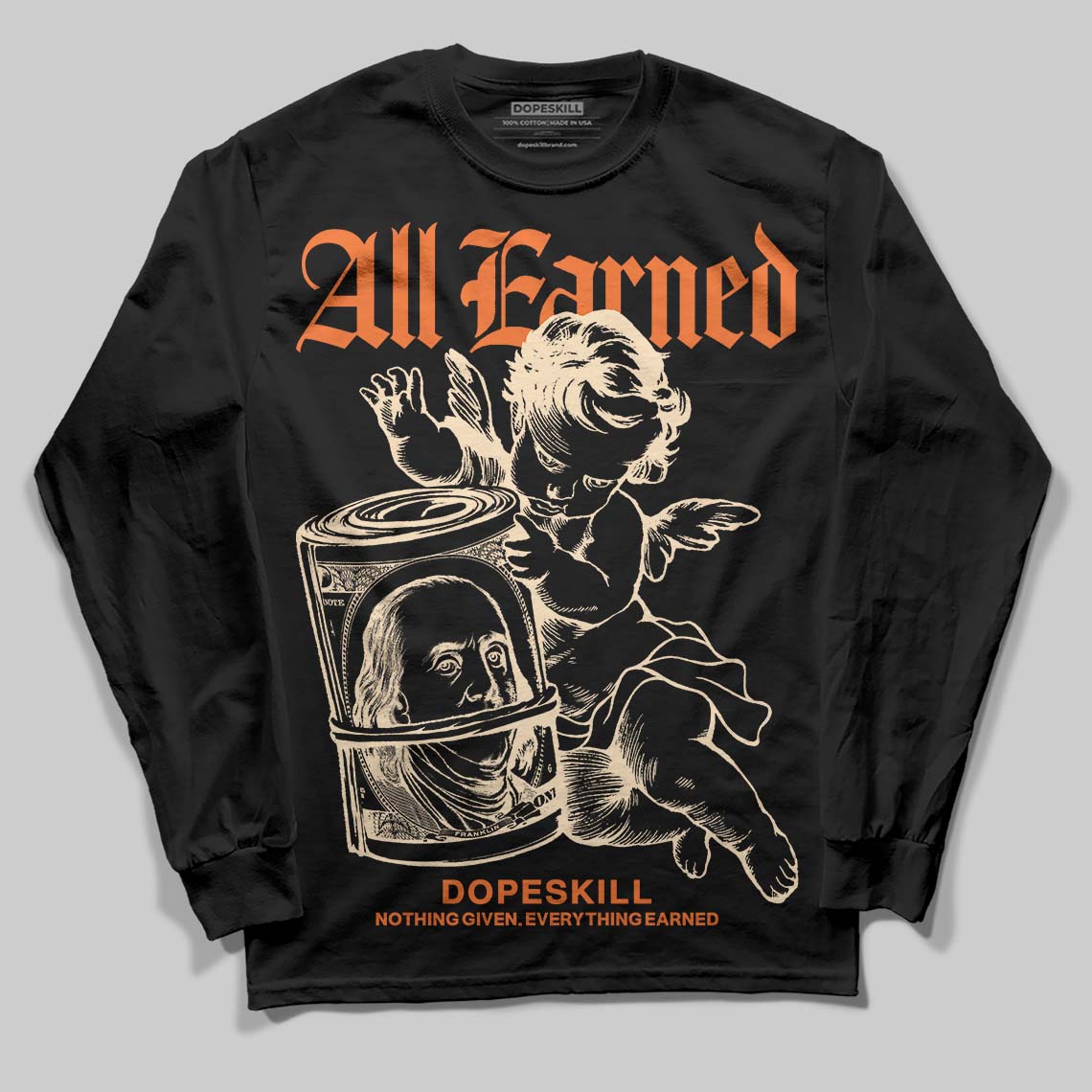 Orange Black White superstreetwear Long Sleeve T-Shirt All Earned Graphic