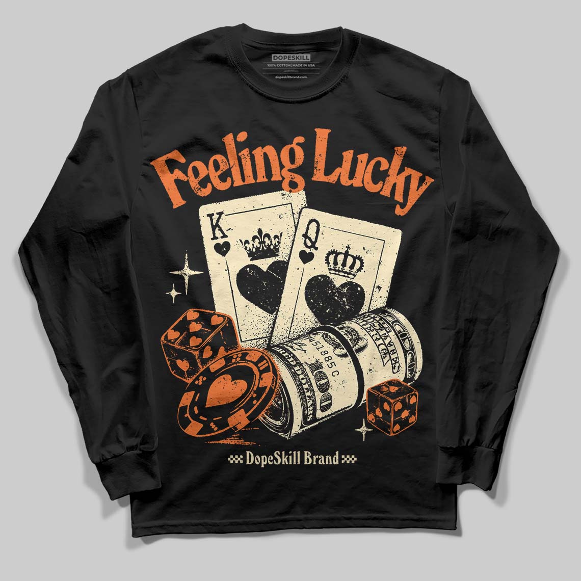 Orange Black White superstreetwear Long Sleeve T-Shirt Feeling Lucky Graphic