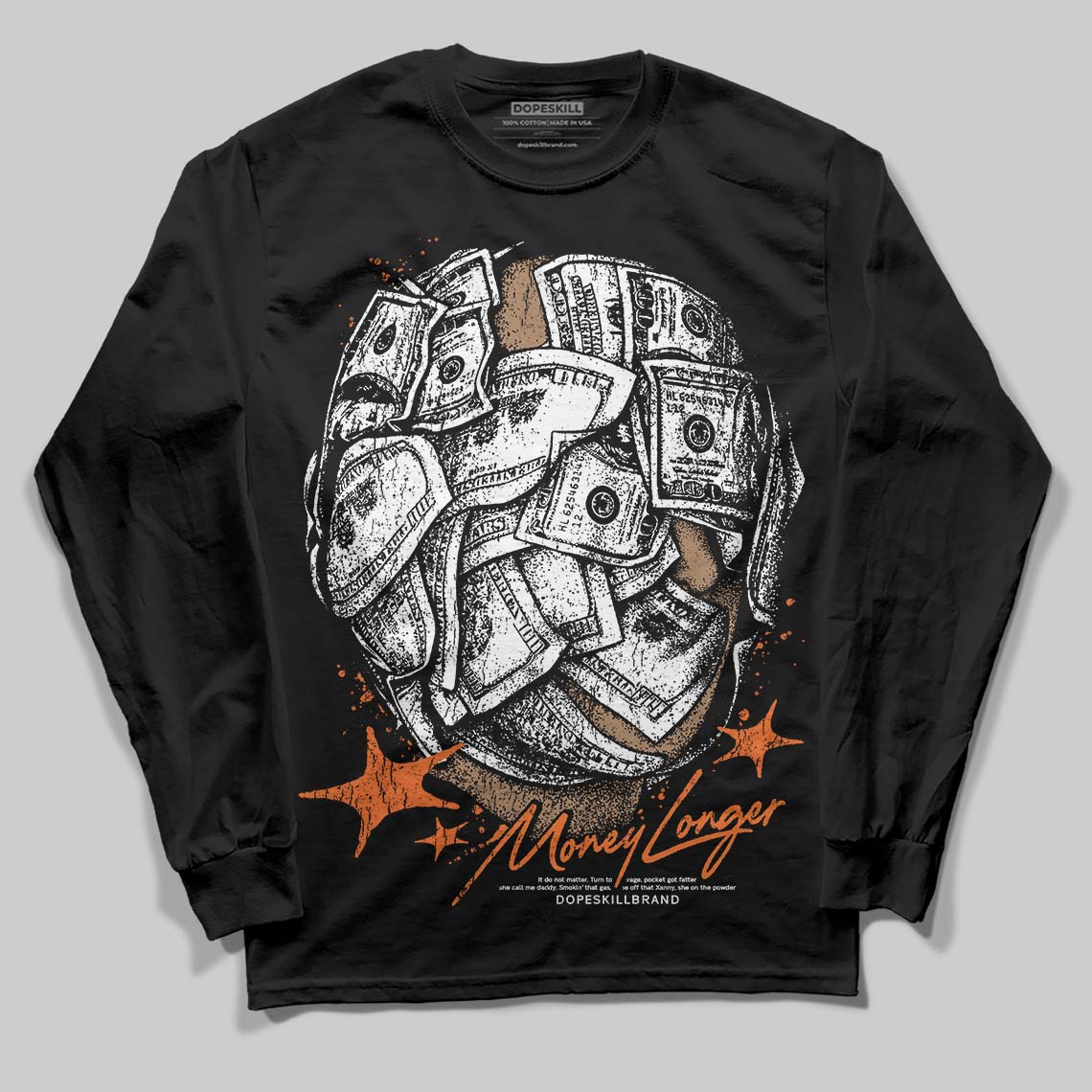 Orange Black White superstreetwear Long Sleeve T-Shirt Money Longer Graphic