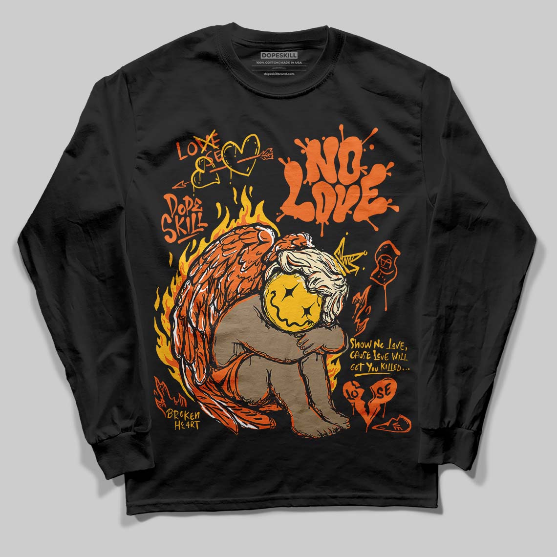 Orange Black White superstreetwear Long Sleeve T-Shirt No Love Graphic