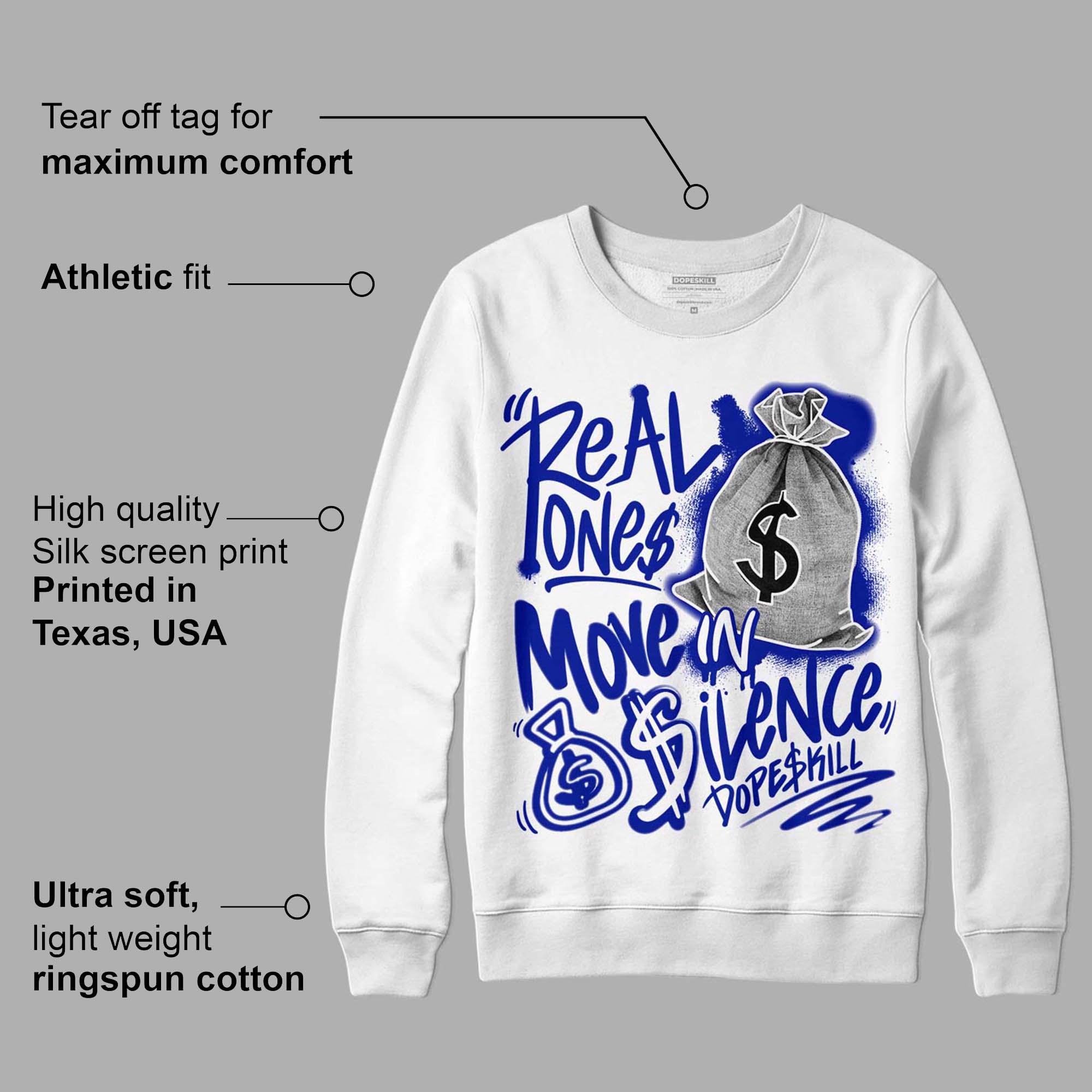 Racer Blue White Dunk Low superstreetwear Sweatshirt Real Ones Move In Silence Graphic