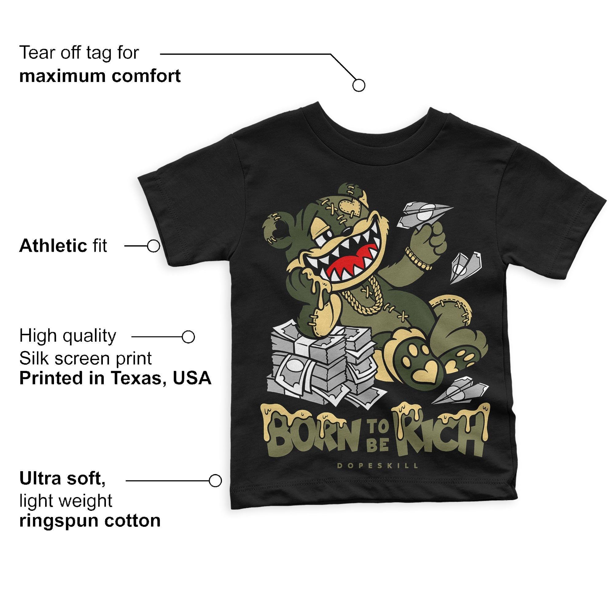 Craft Olive 4s superstreetwear Toddler Kids T-shirt Born To Be Rich Graphic