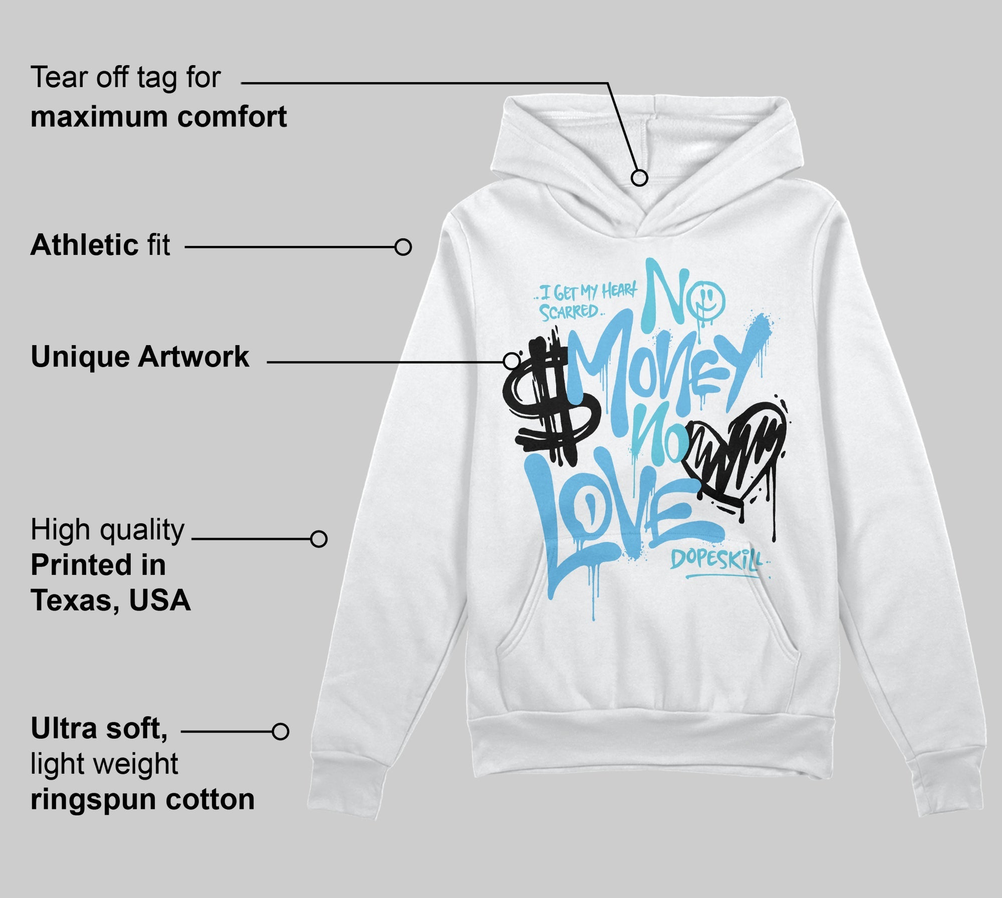 Legend Blue 11s superstreetwear Hoodie Sweatshirt No Money No Love Typo Graphic