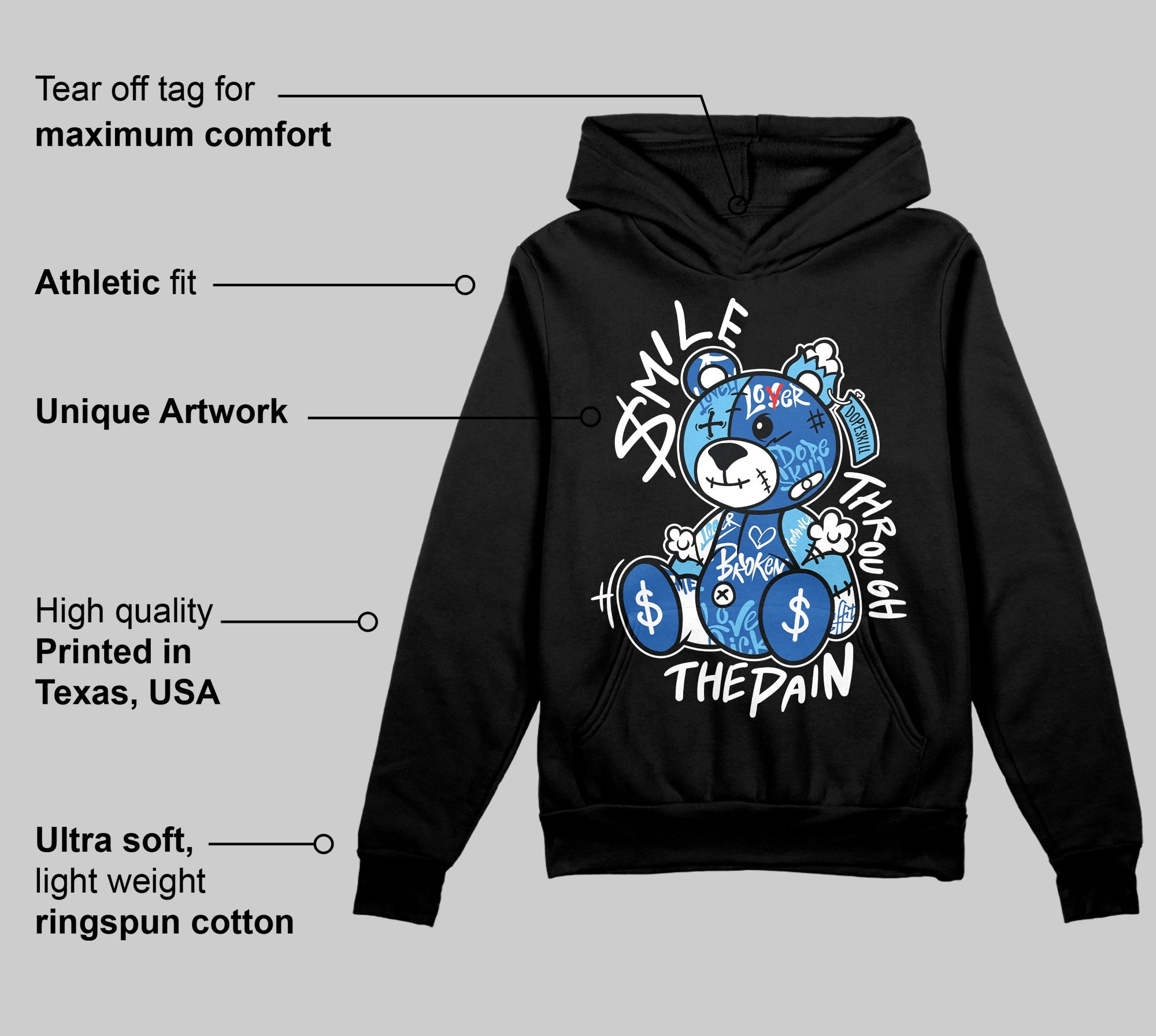 Blueberry 12s superstreetwear Hoodie Sweatshirt Smile Through The Pain Graphic