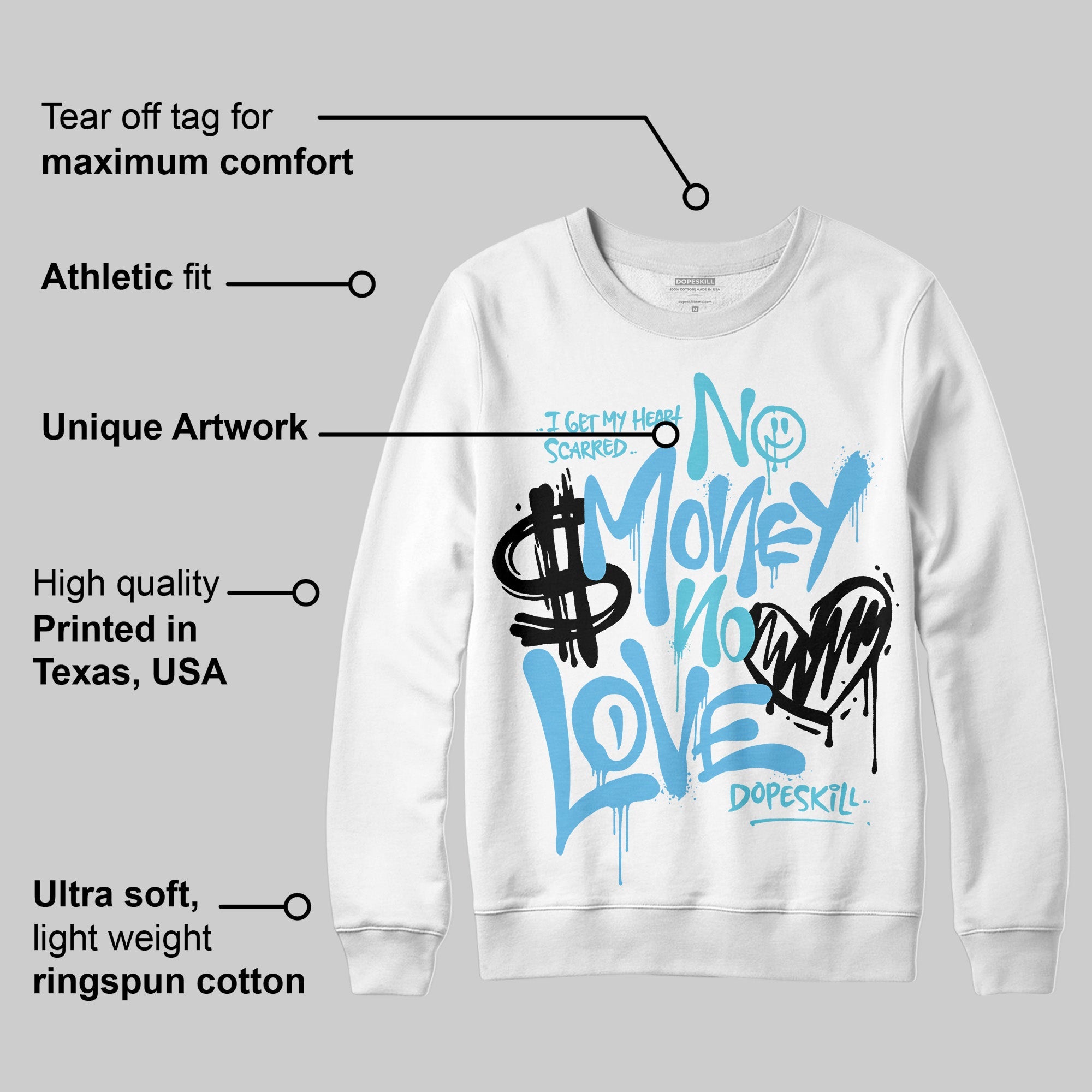 Legend Blue 11s superstreetwear Sweatshirt No Money No Love Typo Graphic
