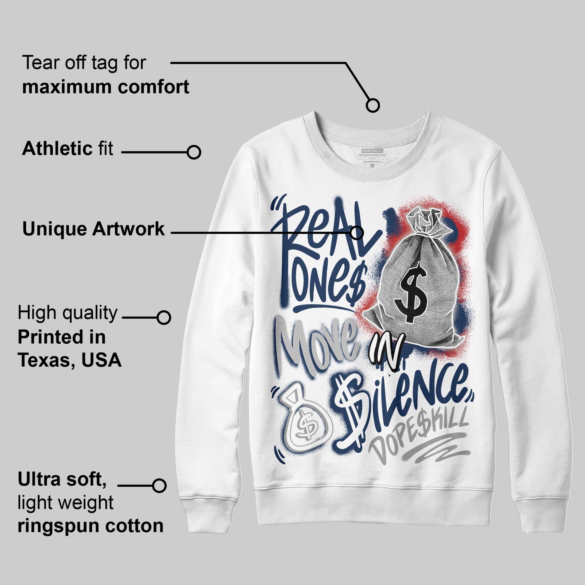 Summit White Navy 4s superstreetwear Sweatshirt Real Ones Move In Silence Graphic