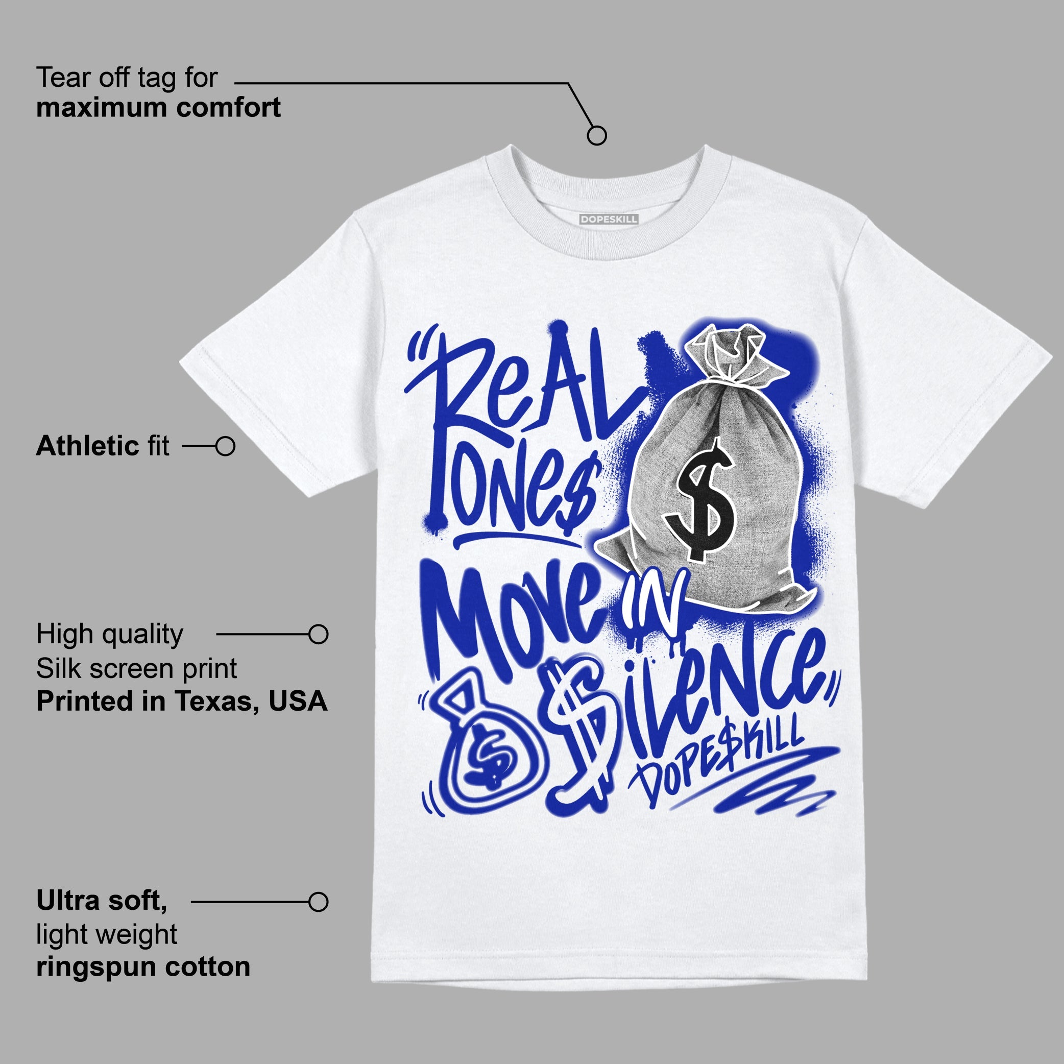 Racer Blue White Dunk Low superstreetwear T-Shirt Real Ones Move In Silence Graphic