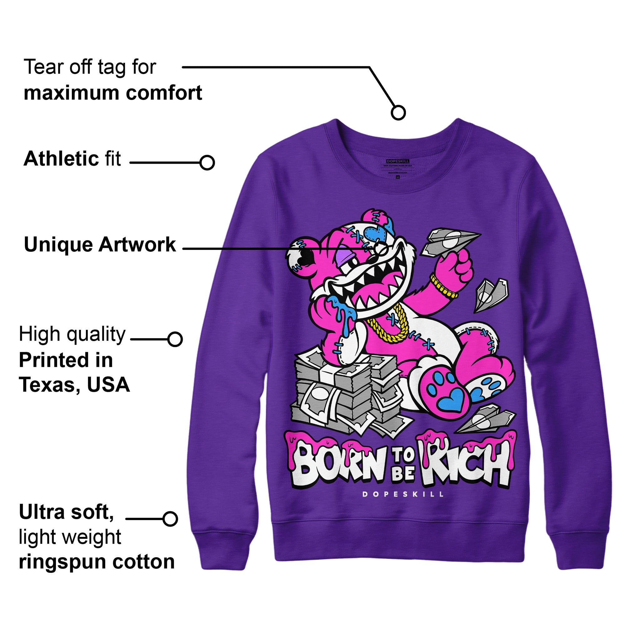 PURPLE Collection superstreetwear Purple Sweatshirt Born To Be Rich Graphic
