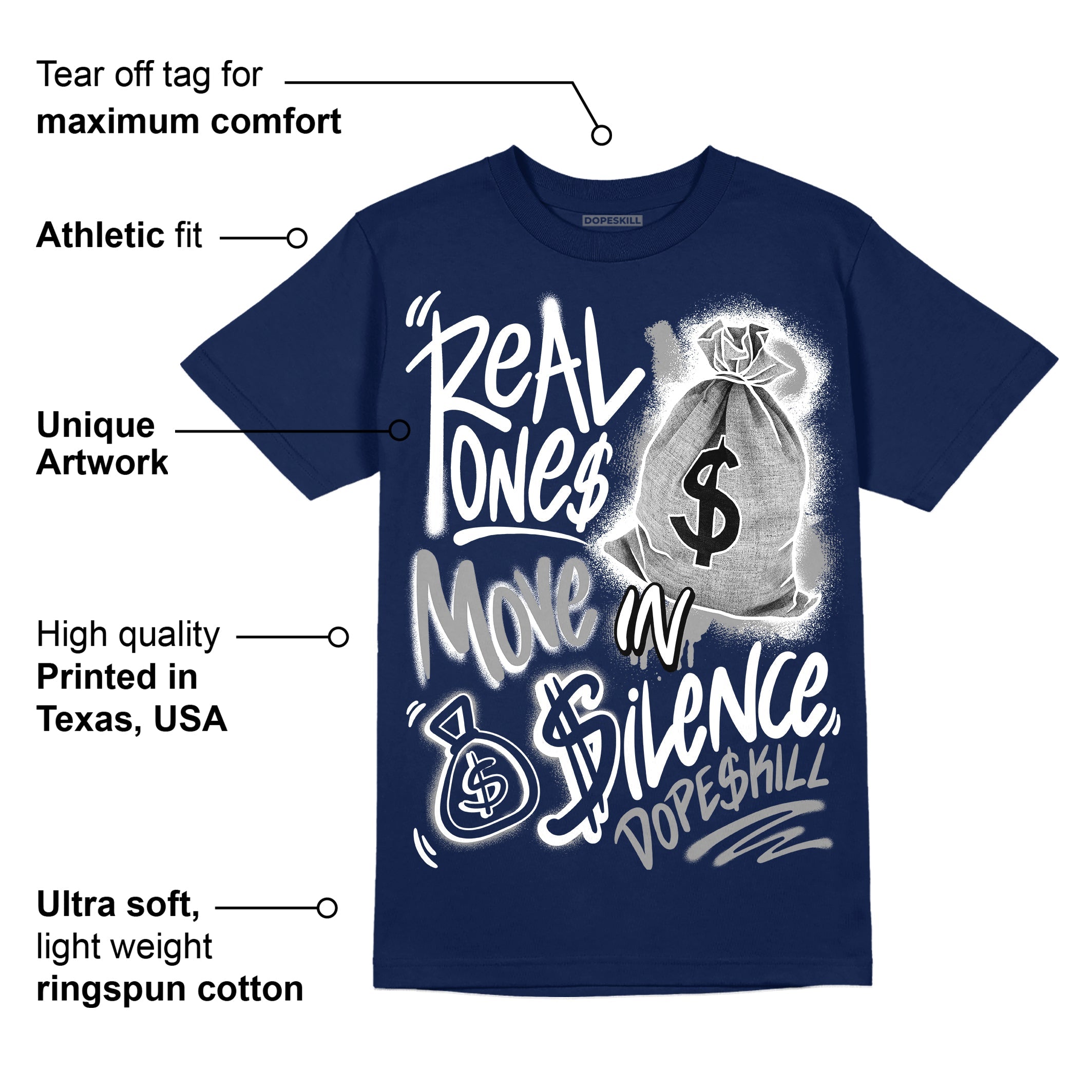 Midnight Navy 3s superstreetwear Navy T-shirt Real Ones Move In Silence Graphic