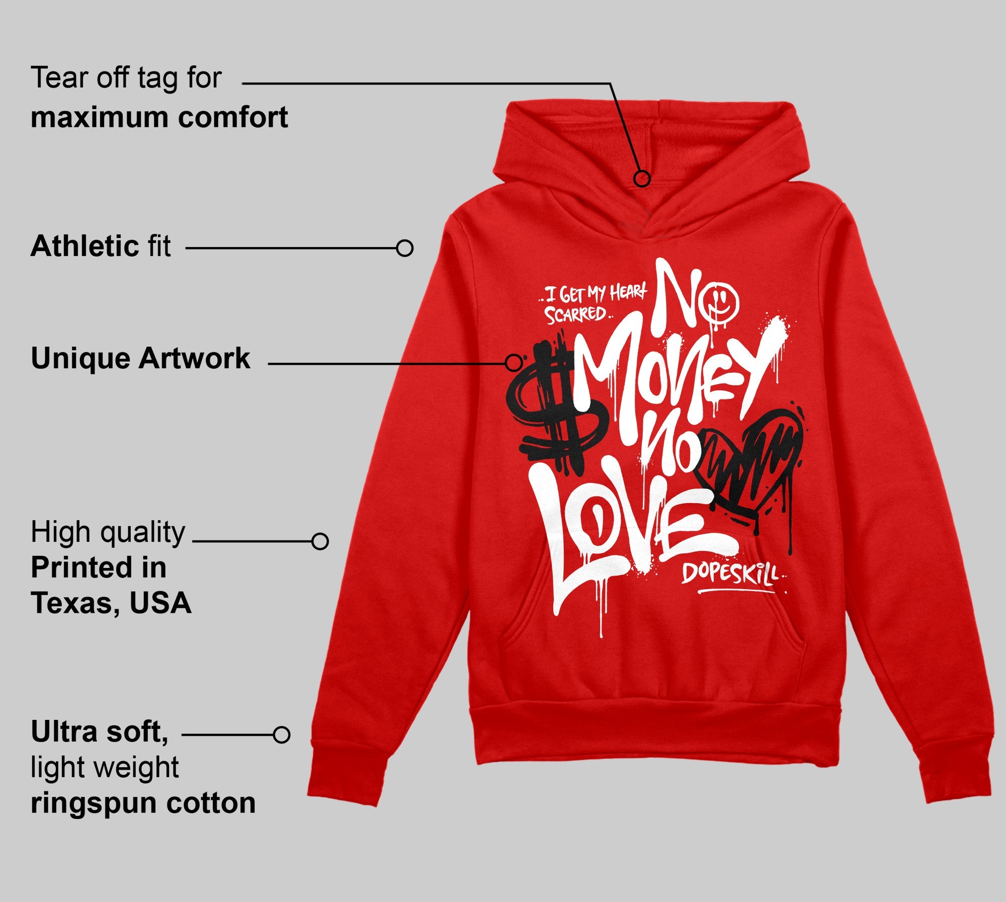 Bred Velvet 11s superstreetwear Red Hoodie Sweatshirt No Money No Love Typo Graphic